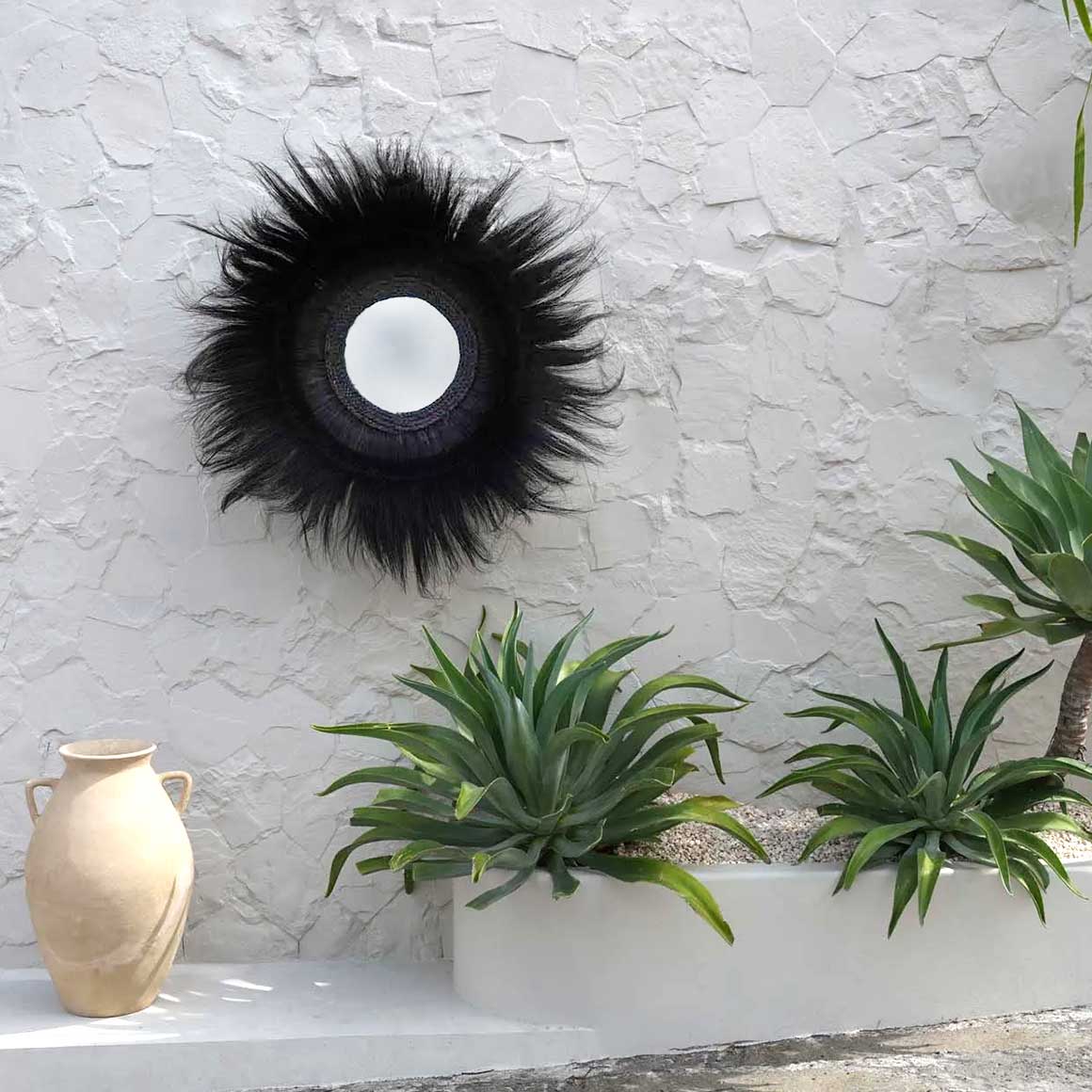 schwarzer Spiegel Wandspiegel gross Rahmen 90 cm Gras Boho Style Bali Soulbirdee Onlineshop Bazar Bizar JARE001B