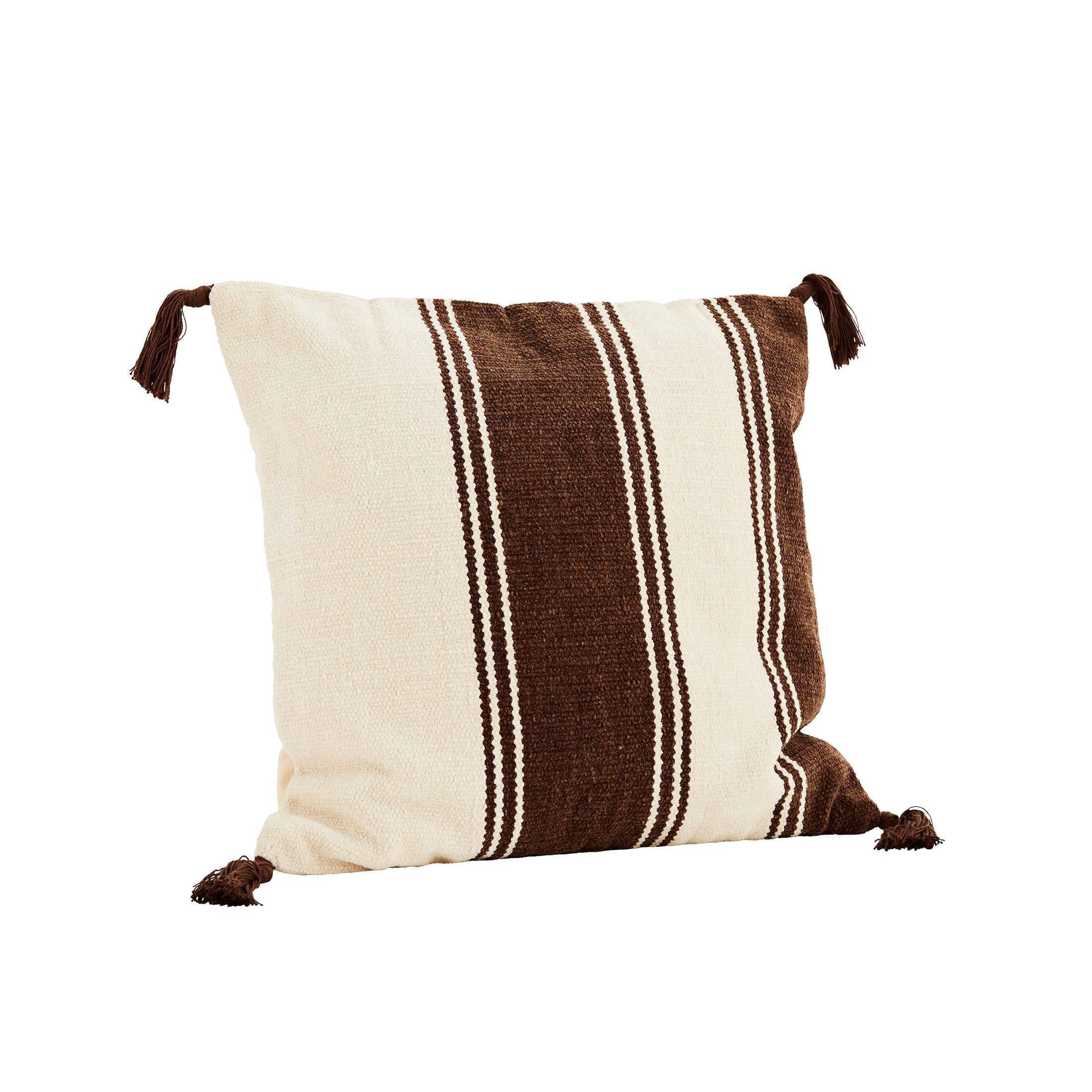 Kissenhülle in Braun Beige mit Streifen und Bommel | Madam Stoltz bei Soulbirdee Onlineshop Kissenhülle Streifen Kissen Beige Rot Orange Boho