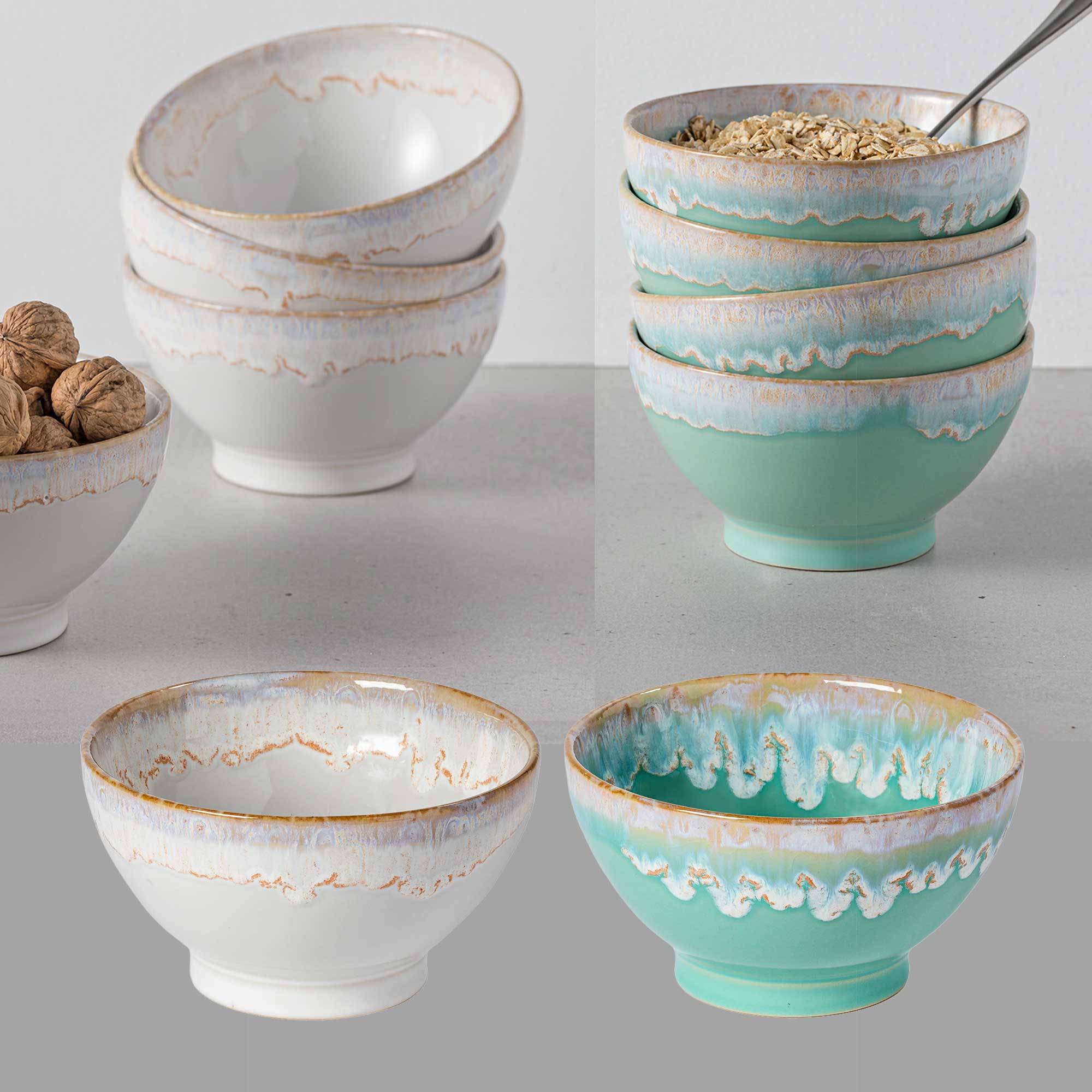 Milchkaffee Bowl Ombre Verlauf ♥ Suppe & Müsli Schüssel Geschirr Porzellan Tasse ♥ Handgemachtes Ibiza Geschirr kaufen ♥ Der süße Soulbirdee Shop Lattebowls Tassen Cup 4er Set Costa Nova Portugal Beige Türkis Neutral Ibiza Geschirr Soulbirdee Onlineshop