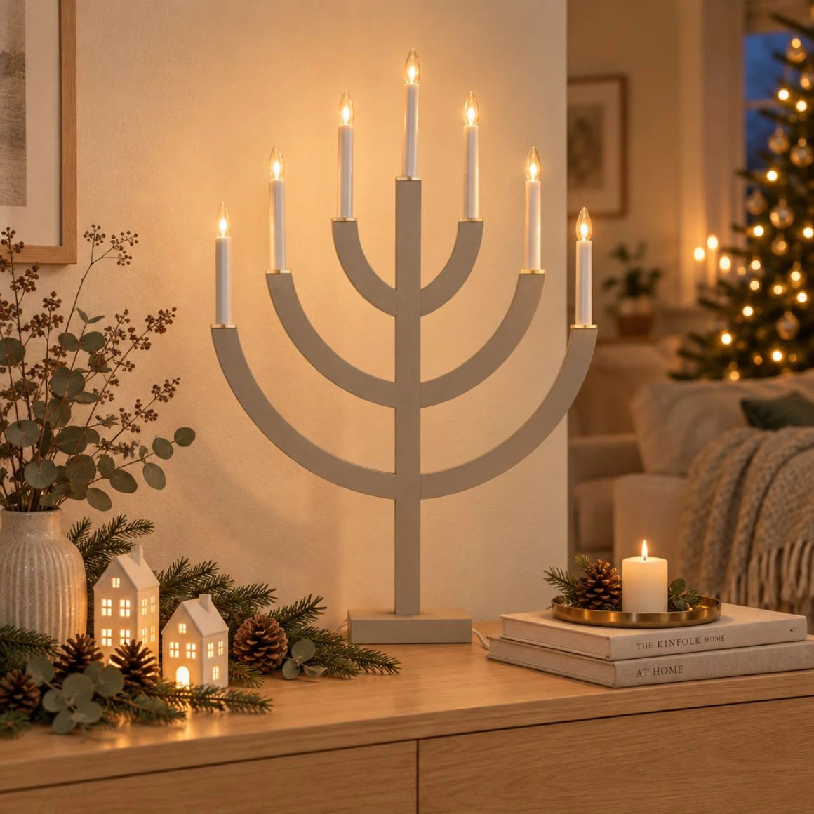 Weihnachtsbeleuchtung im Wohnzimmer auf Sideboard und Konsole mit dem Fensterleuchter Anno 220-23 wie ein Kerzenleuchter mehrarmig aber elektrisch zwischen Lichthäusern dekoriert
