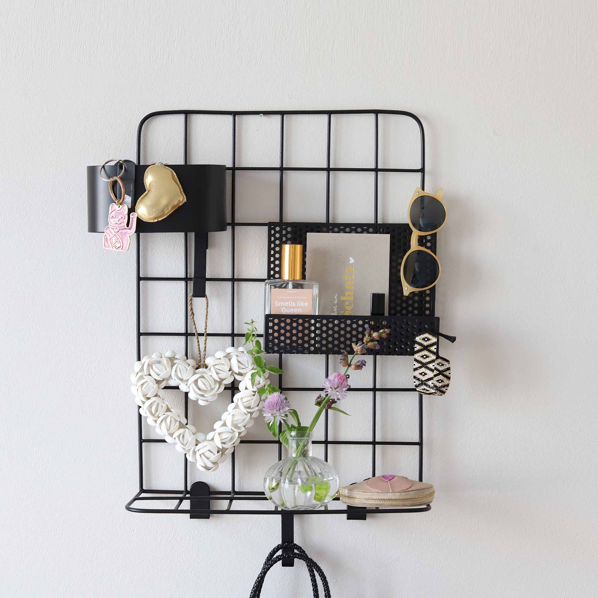 Pinnwand schwarz modern Ablage Haken Wand hängend Deko Wanddeko Schlüsselbrett für den Flur, schwarz Metall