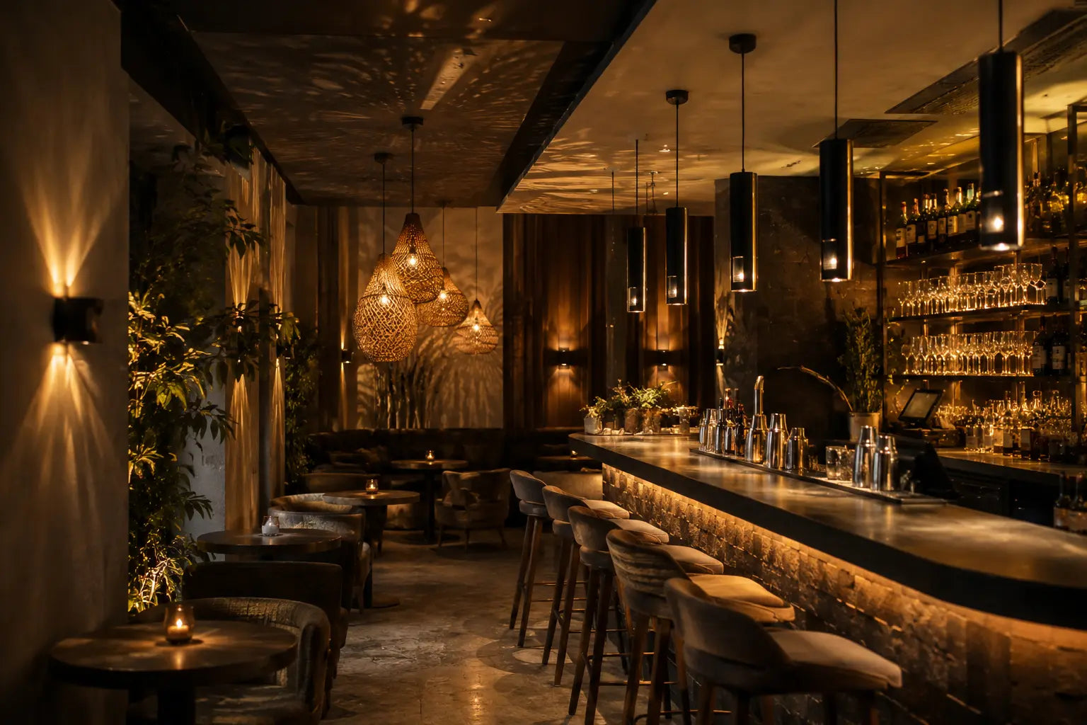 Stimmungsvolle Pendel- und Wandleuchten in einer eleganten Hotelbar