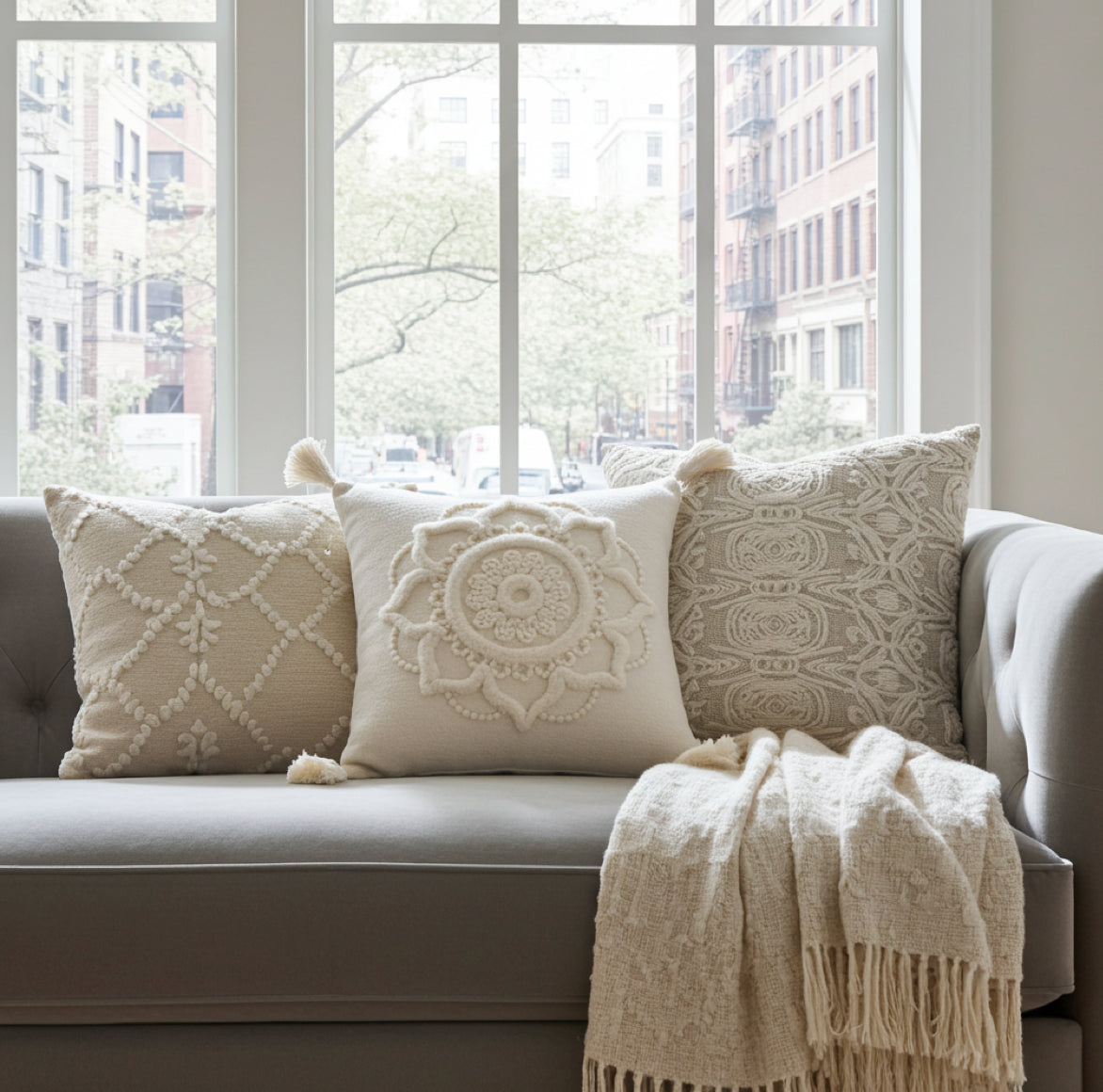 weißes Boho kissen 45 x 45 quadratisch mit bommeln als dekokissen auf einem eleganten sofa im wohnzimmer zusammen mit zierkissen