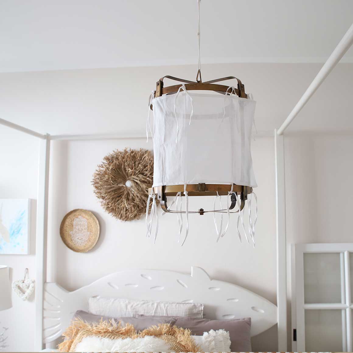 Boho Lampenschirm Sweet Dreams Stoff Weiss 30 cm klein hängen Pendellampe Deckenlampe Pendelleuchte Ibiza Hängelampe Metall Gestell Esstischlampe kaufen Onlineshop Soulbirdee