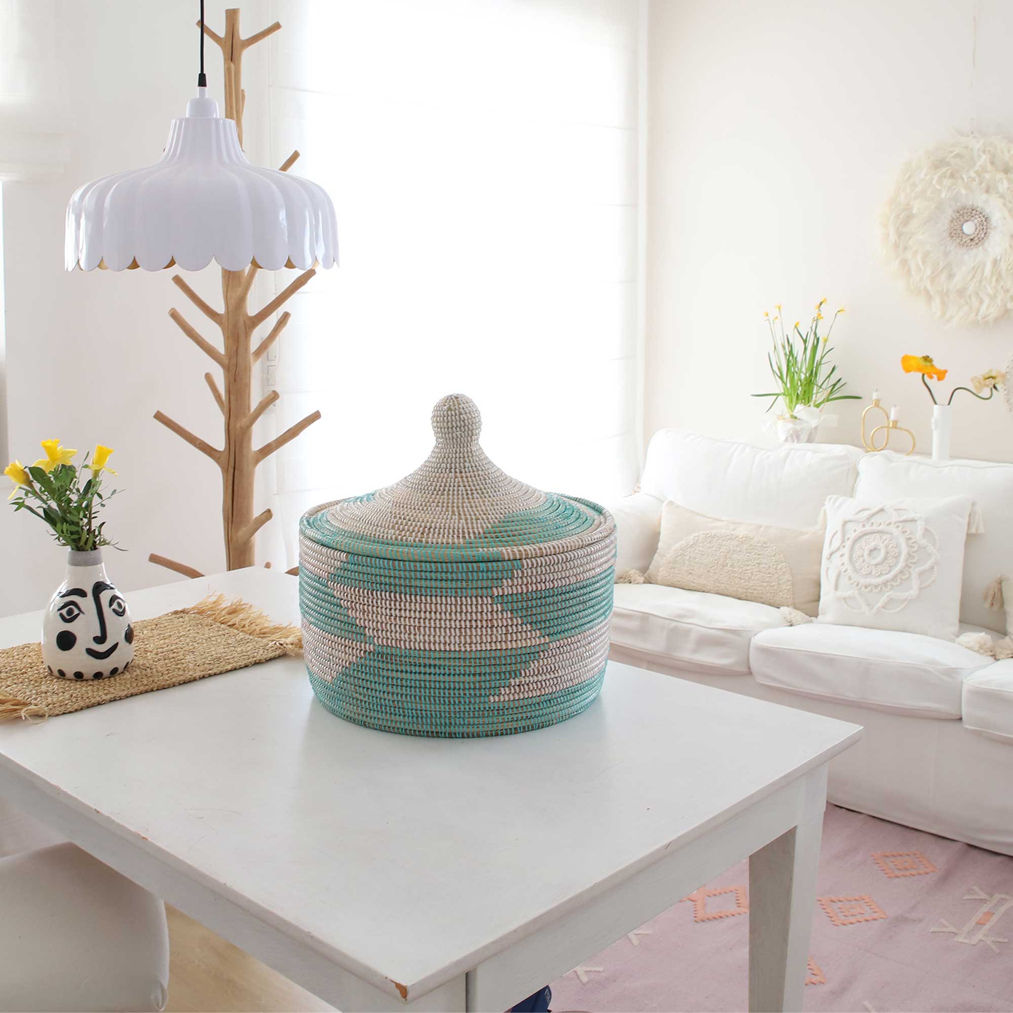 Ostern korb Osternest XXL Groß LUXOR Osterkorb osterdeko Weiss Türkis Afrikanischer Deckel-Korb Ethno Muster Aufbewahrung online kaufen Soulbirdee Onlineshop