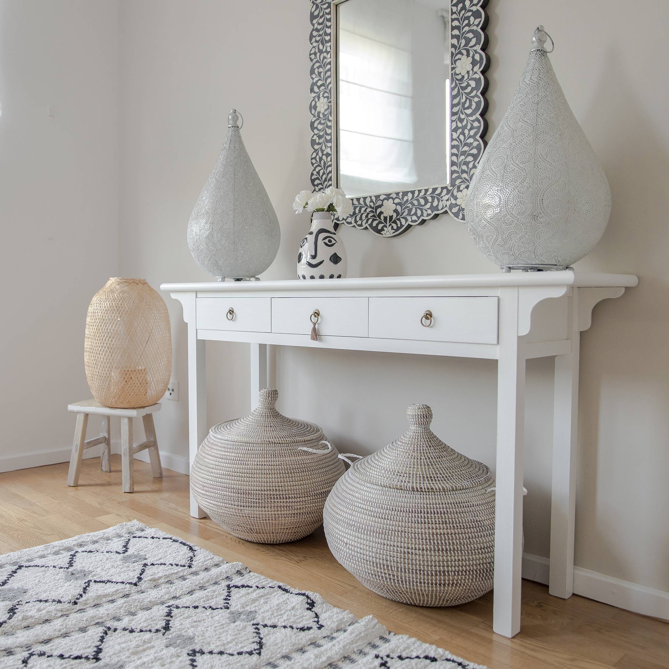 Korb mit Deckel Wohnzimmer Weiss Henkel Deckelkorb Gras geflochten Rund Wäschekorb Dekokorb Soulbirdee