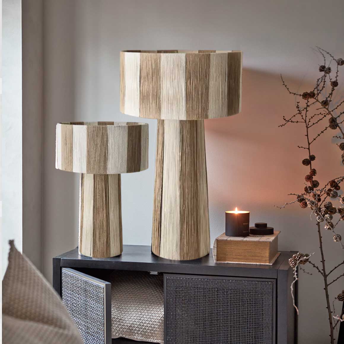 Tischlampe Beige Gestreifte Tischleuchte 2 Größen IBIZA Style Beige & Sand Wohnzimmer Lampe Schlafzimmerlampe Jute Naturmaterial Onlineshop