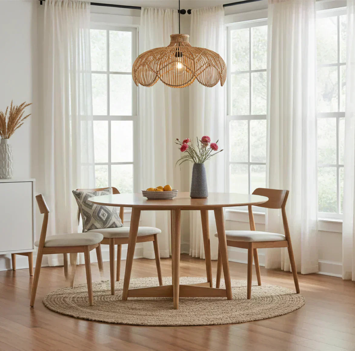 Hängelampe über runden Esstisch in modernem Esszimmer