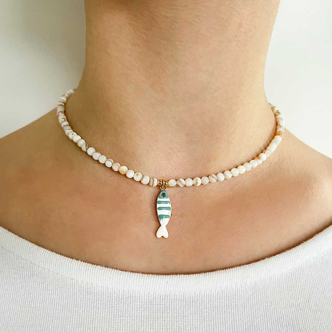 halskette schmuck modeschmuck fisch blau beige sommerschmuck biba soulbirdee onlineshop