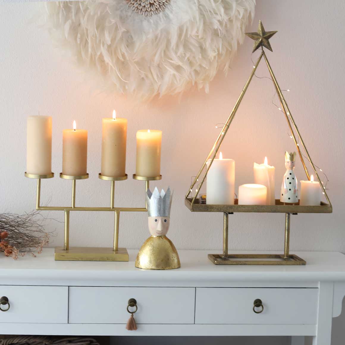 Goldenes Kerzentablett Gold Xmas Deko Adventskranz 4 Kerzen Glamour Moderne Weihnachtsdeko kaufen Soulbirdee Onlineshop