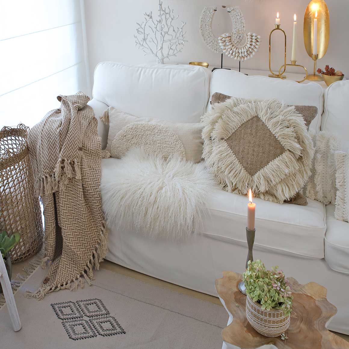 Wohndecke Decke Waschbar Sofadecke Creme Beige neutral tones fischgrät Fransen 175x125 cm Wohnzimmer-Decke Sofa alltagstauglich | Boho Kuscheldecke kaufen im Soulbirdee Onlineshop