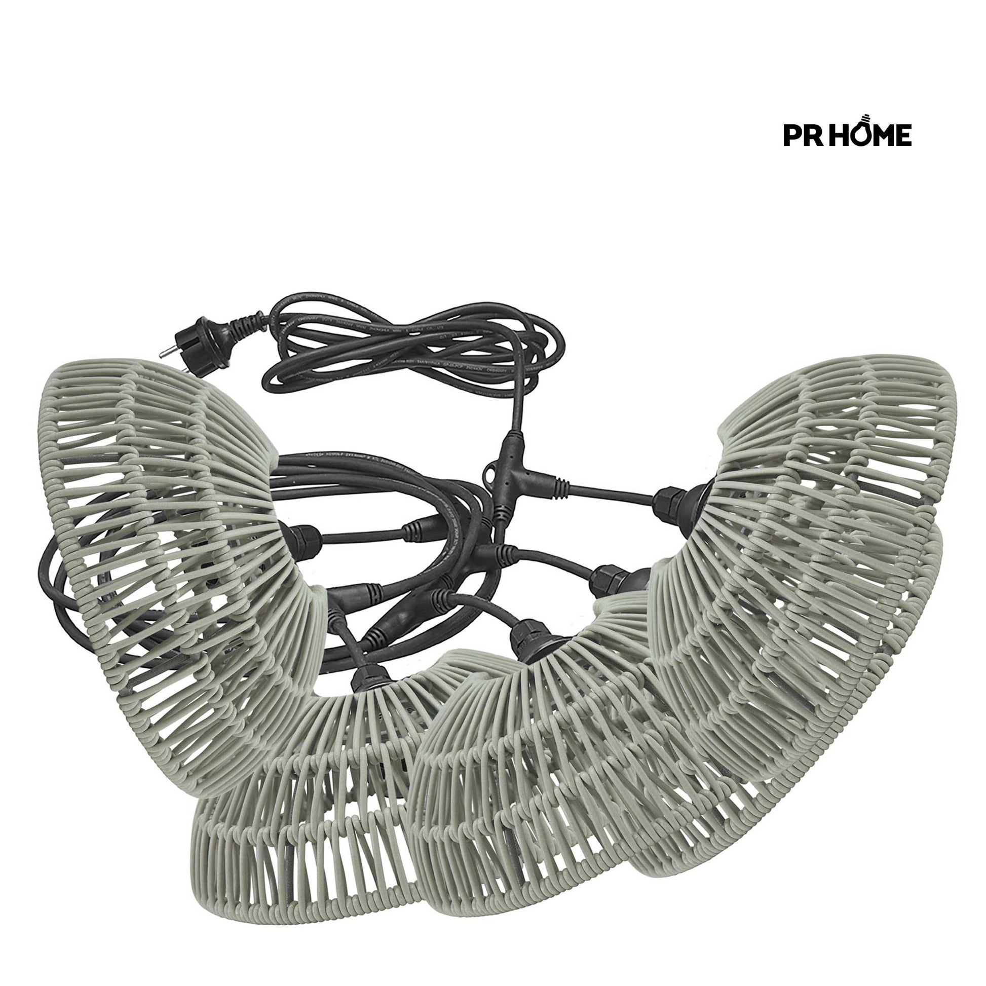 Outdoor Lichterkette Girlande Partylicht mit 5 beigen Lampenschirmen aus Poly-Rattan Beleuchtung für Terrasse & Balkon mit 5 Lampen Soulbirdee Onlineshop