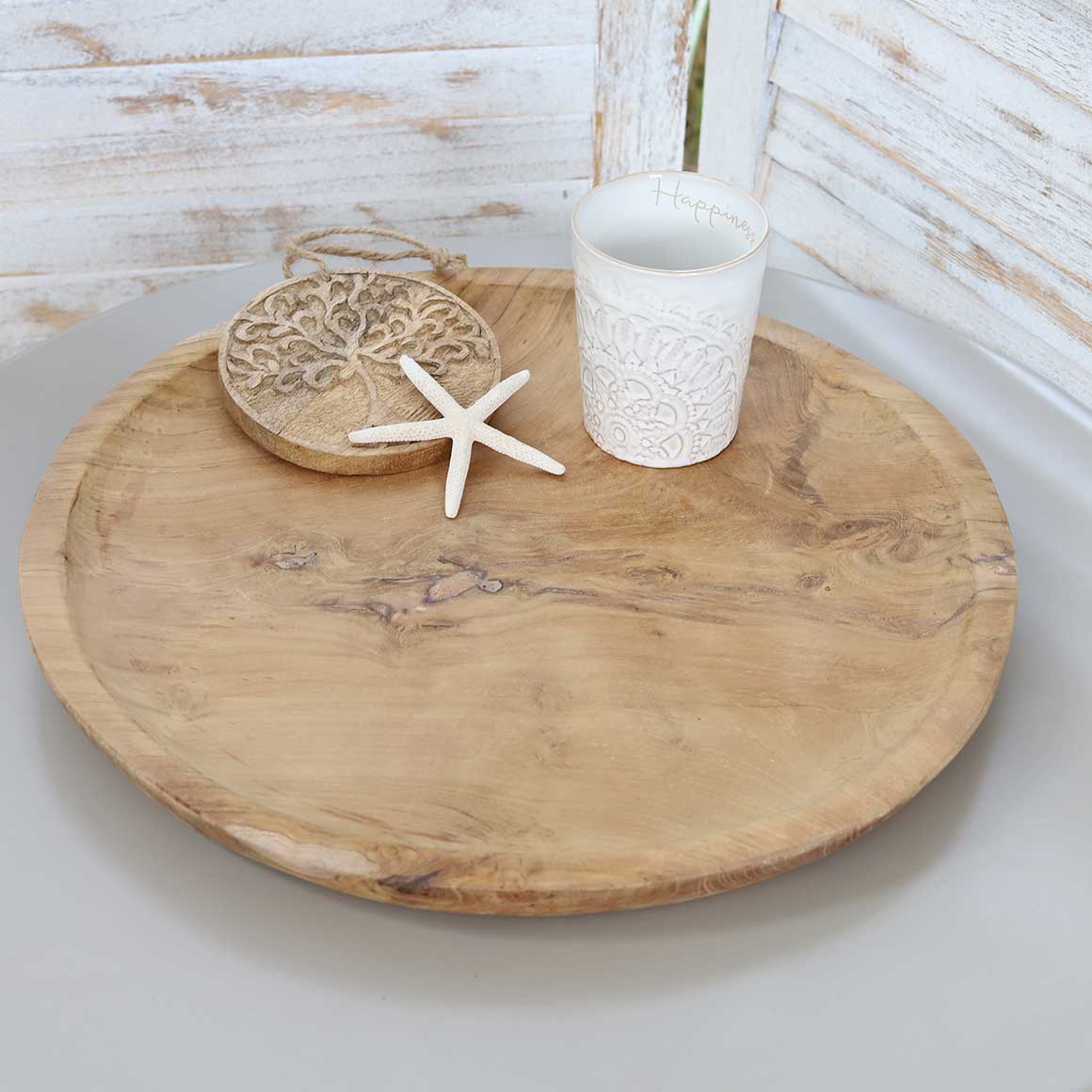 Dekoschale 40 cm Durchmesser rund Dekotablett Teak gesammeltes Holz Nachhaltig Soulbirdee
