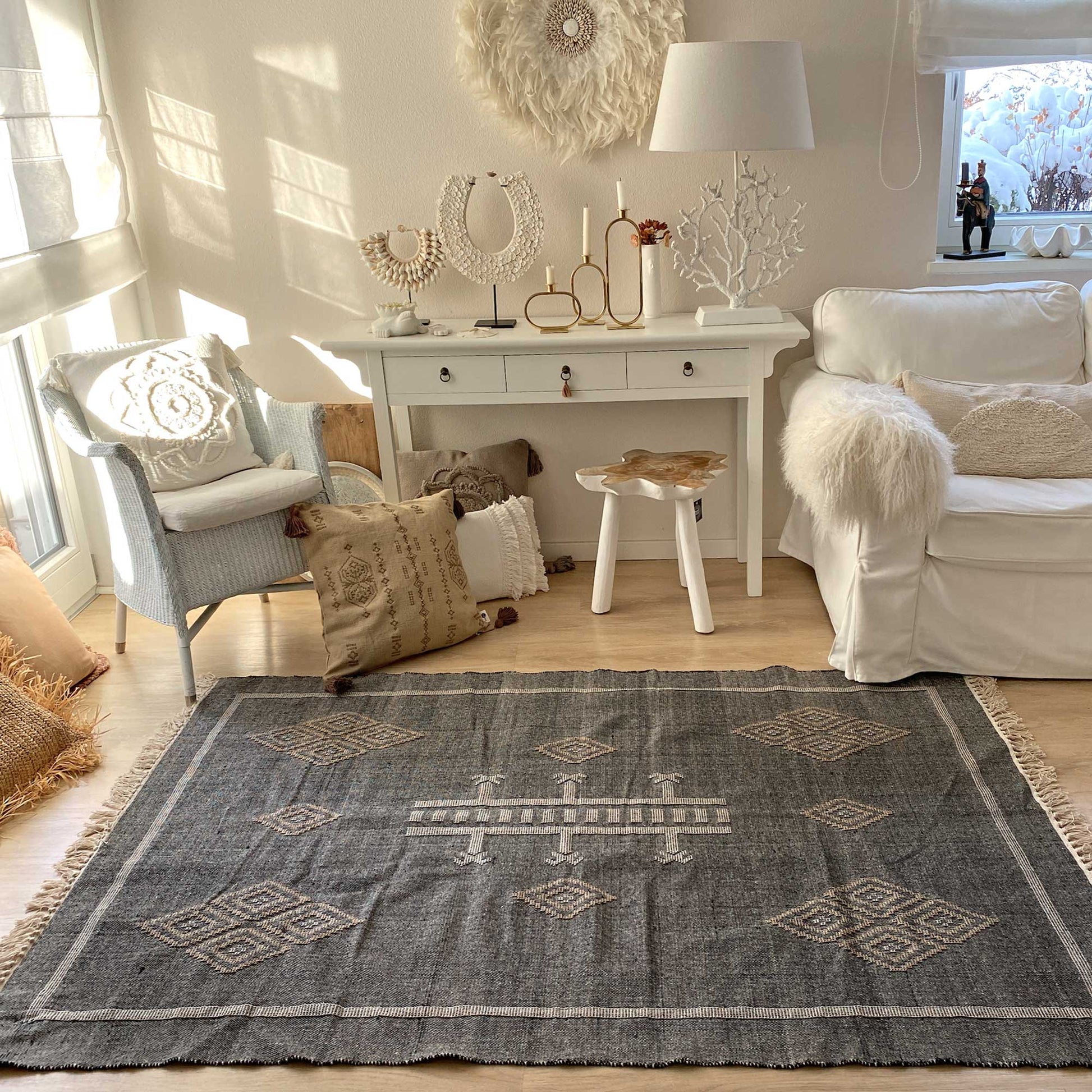 Teppich gewebt Baumwolle Kelim Marokkanisch Grau Dunkel Beige Modern Wohnen Deko Soulbirdee Shop