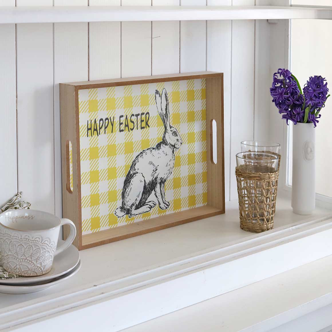 Tablett Serviertablett Osterdeko Holz Gelb Hase Holztablett Serviertablett mit Griff Osterdeko Idee Oster Dekoration Geschirr Oster Dekoration Soulbirdee Onlineshop