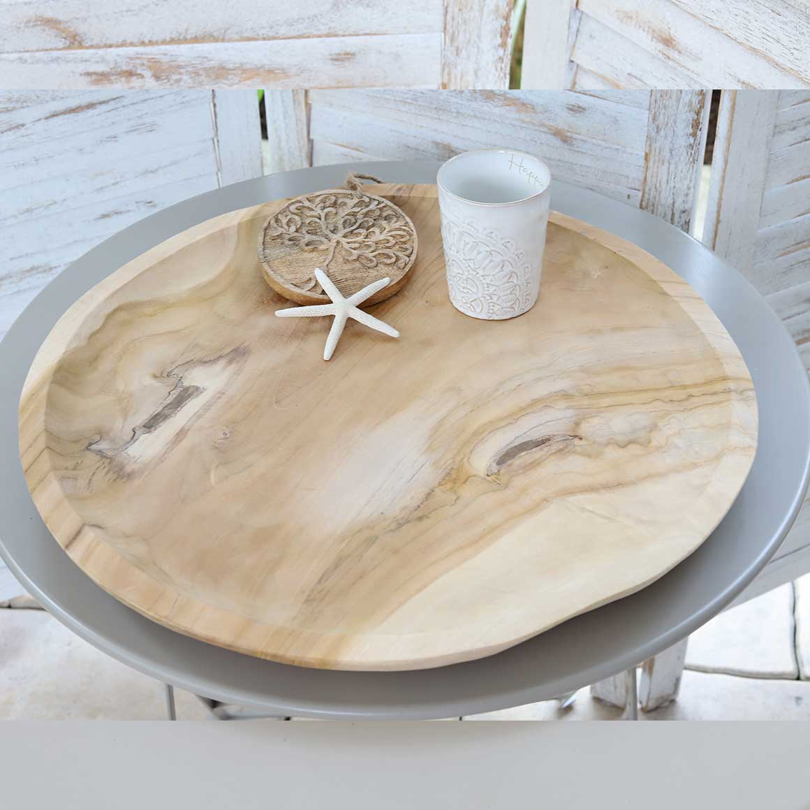 Dekoschale 50 cm Durchmesser rund Dekotablett Teak gesammeltes Holz Deko Naturmaterial Nachhaltig Soulbirdee