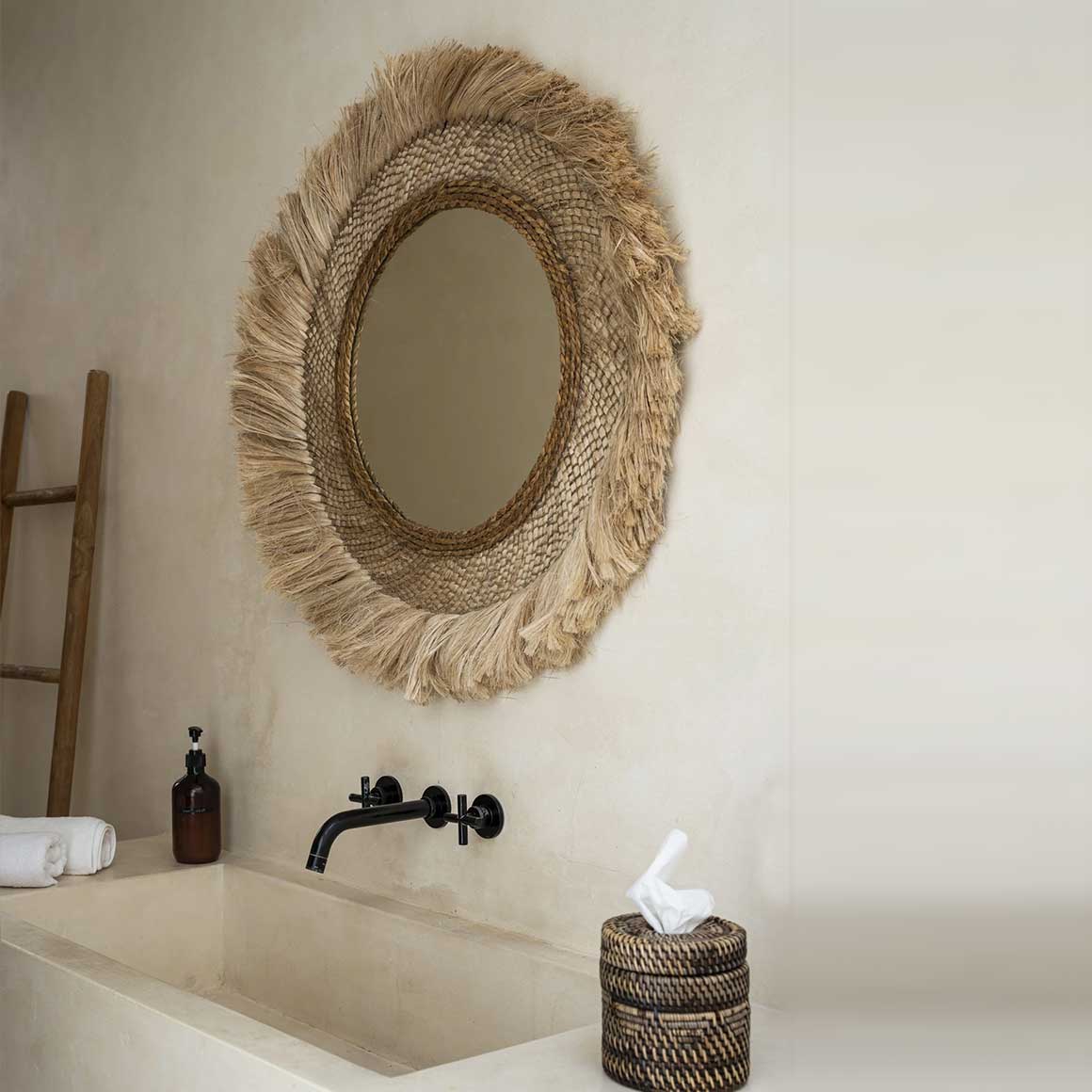Wandspiegel Spiegel Badezimmer Badspiegel Resort Hotel Restaurant Gras Handgemacht Naturmaterial Nachhaltig gross Bali Ibiza Bazar Bizar Boho deko kaufen Soulbirdee Onlineshop