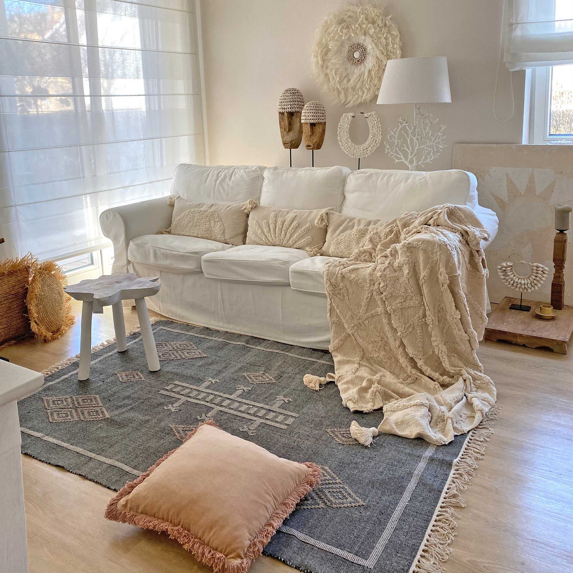 Teppich marokkanisch flach gewebt Kelim Marokko Orientalisch Grau Dunkel Beige Modern Wohnen Deko Soulbirdee Shop