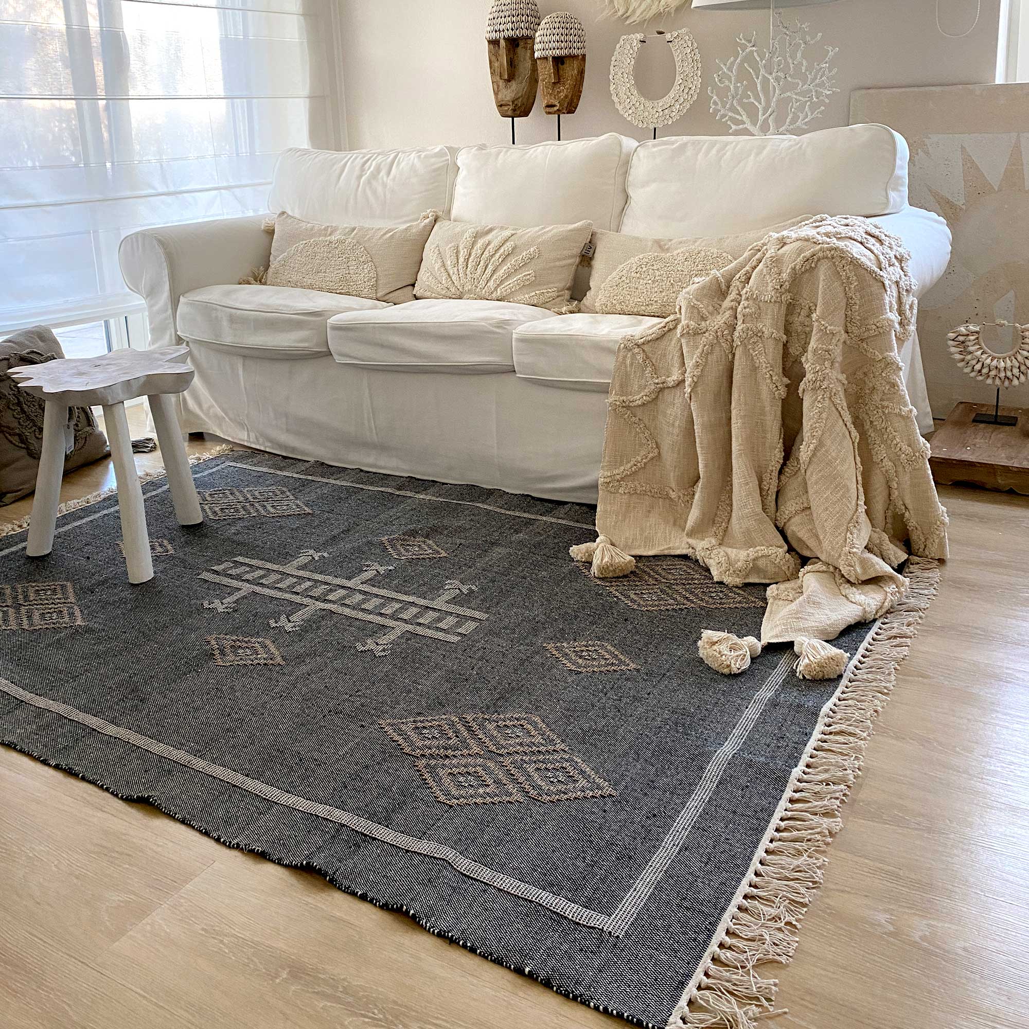 Teppich Evening gewebt Kelim Marokko Orientalisch Grau Dunkel Beige Modern Wohnen Deko Marokkanischer Style Soulbirdee Shop