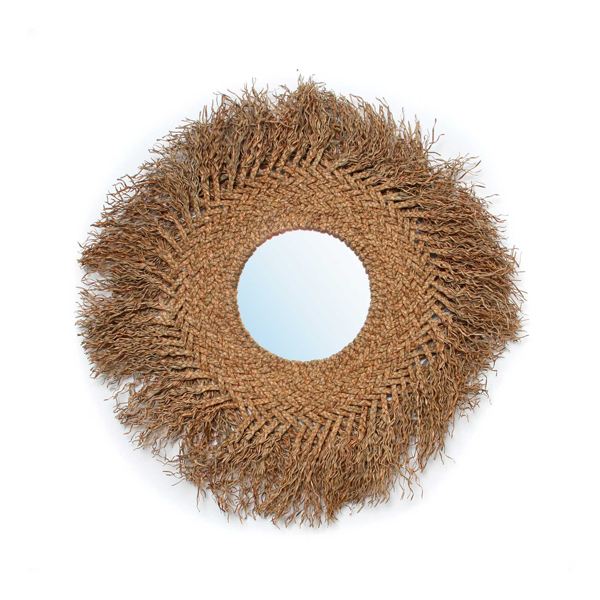Spiegel aus Wasserhyacinthe von der Marke Bazar Bizar. Runder Wandspiegel mit 75 cm wild strubbelig