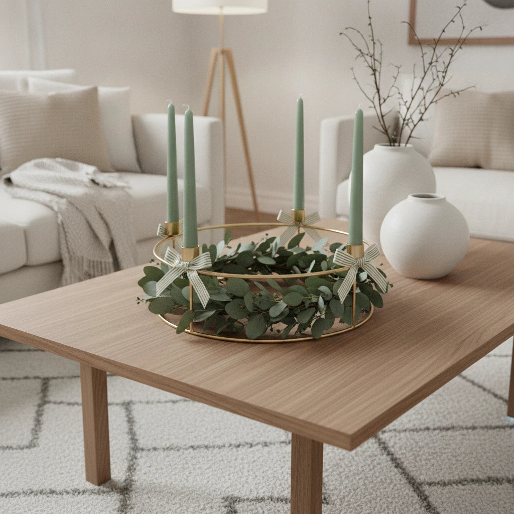 Adventskranz modern dekoriert mit Eukalyptus Zweigen und hellgrünen Kerzen und Schleifen