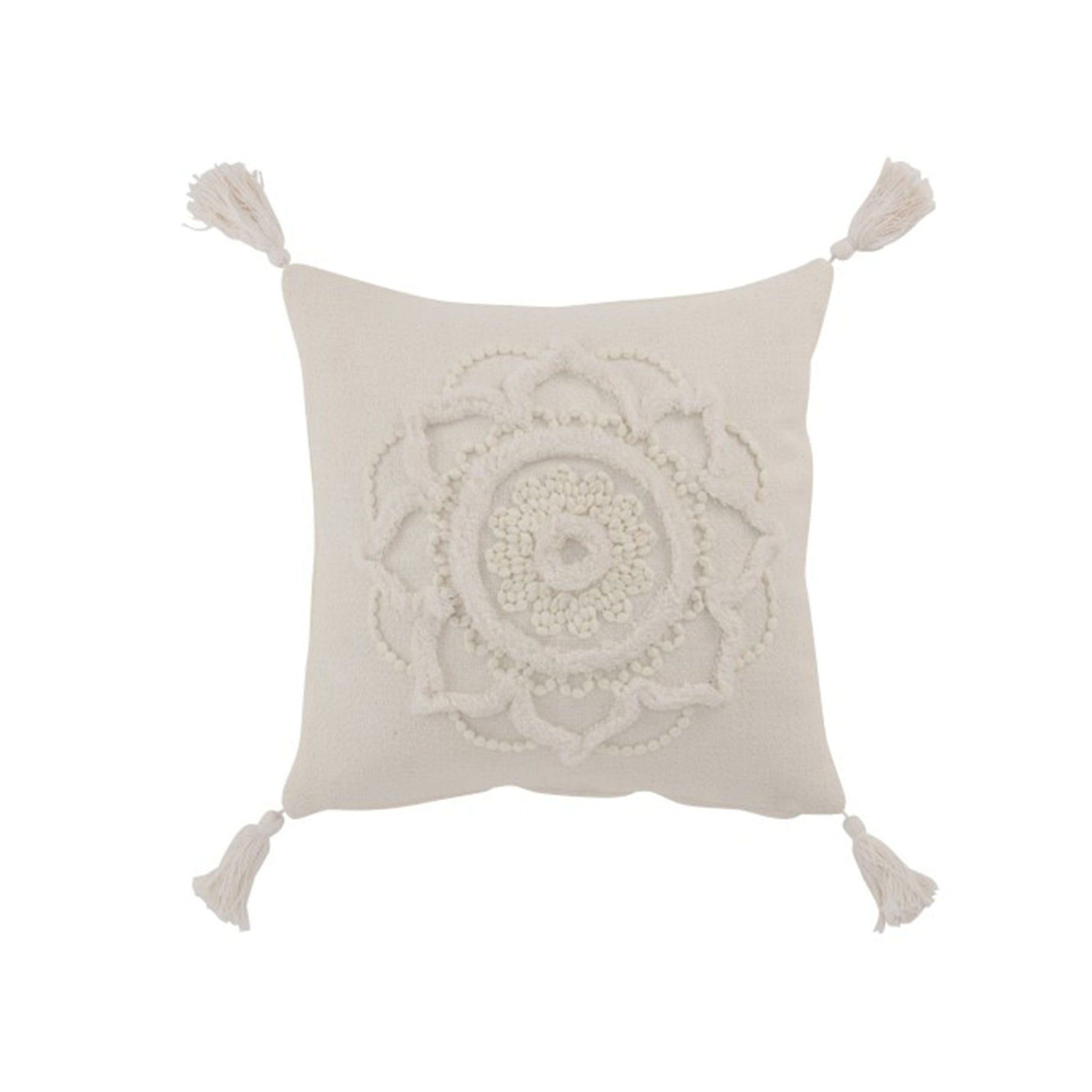 Quadratisches Ethno Kissen mit rosa Quasten ♥ Kissen 60x60 | Boho Stil Bommel-Kissen online kaufen bei Soulbirdee Onlineshop
