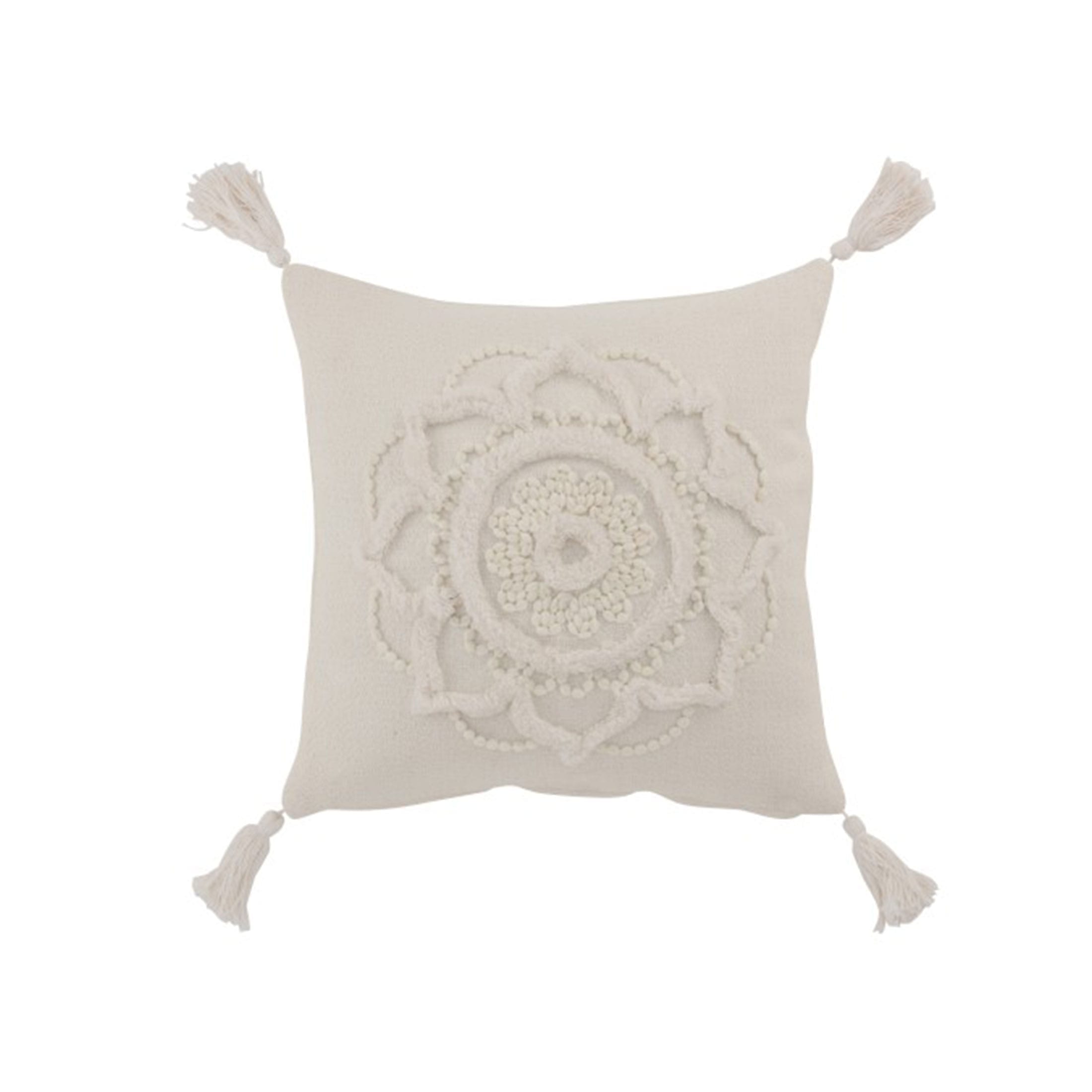 Quadratisches Ethno Kissen mit rosa Quasten ♥ Kissen 60x60 | Boho Stil Bommel-Kissen online kaufen bei Soulbirdee Onlineshop