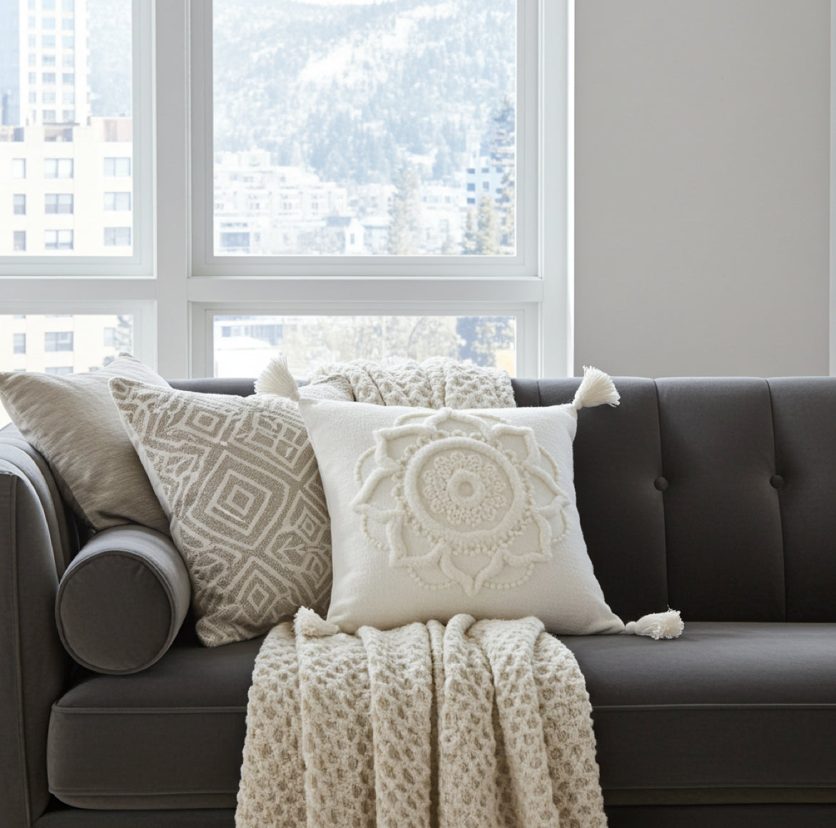 weißes Boho kissen mit mandala muster und quasten auf einem eleganten sofa im wohnzimmer zusammen mit zierkissen 