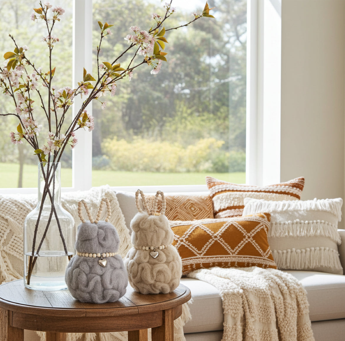 Boho Osterhase aus Wolle in Beige und Grau mit biegsamen Ohren aus Holzperlen.