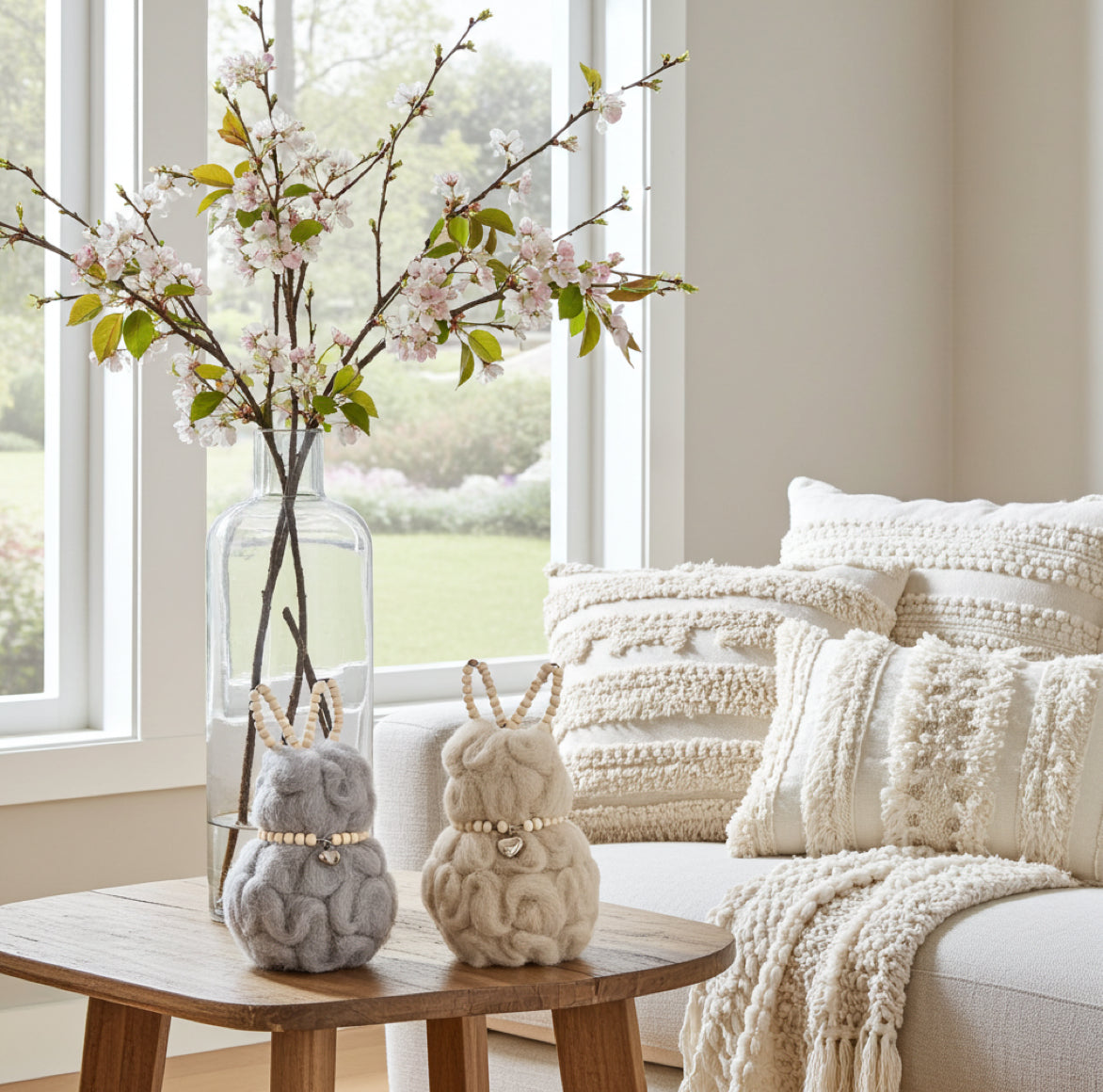 Osterhasen Paar in Grau und Beige im Bohemian Stil auf dem Ostertisch als Osterdeko für Boho Deko