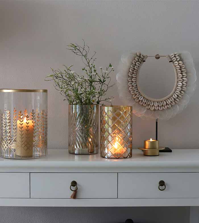 Boho Deko Onlineshop Neuheiten Windlicht und Muschelkette. Boho Deko kaufen