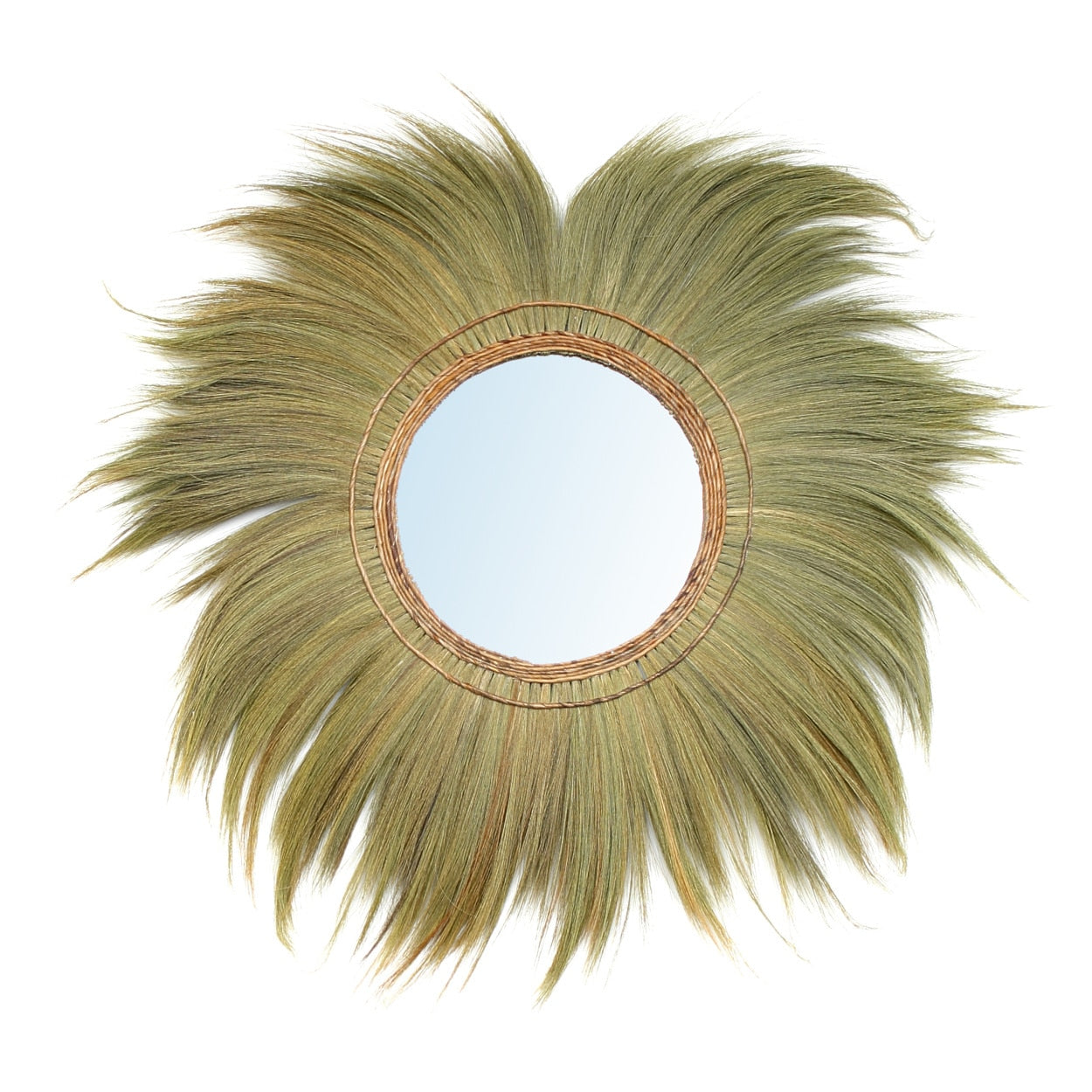 Wandspiegel groß Boho Style Spiegel mit einem Rahmen aus Gras und einem Durchmesser von 130 cm Wandspiegel Bazar Bizar verzaubert das Zuhause im Ibiza Style wohnzimmer Spiegeö Wohnaccessoire Soulbirdee Onlineshop