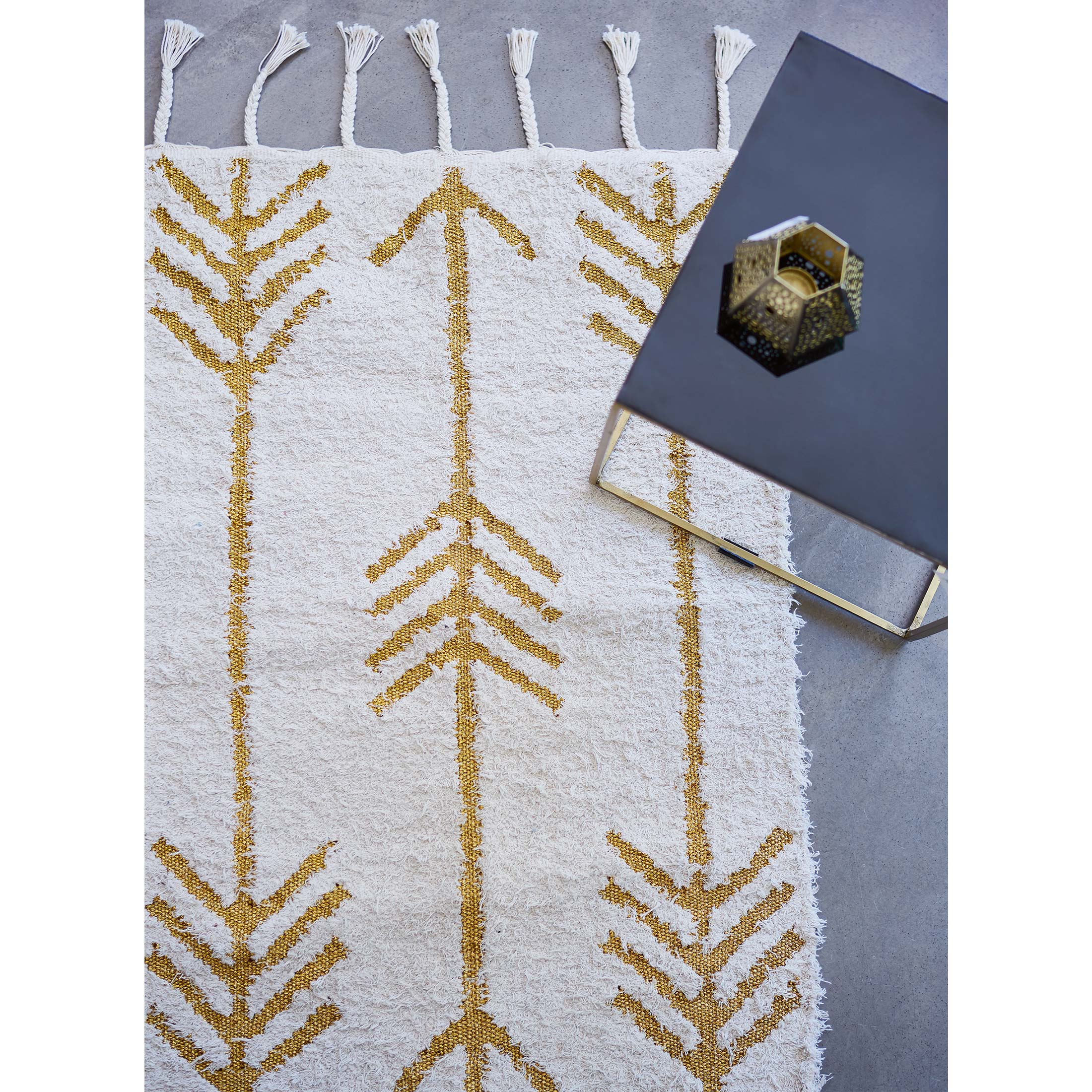 Boho Teppich mit Pfeilen 70x140 | Baumwolle Natur & Gold | online kaufen