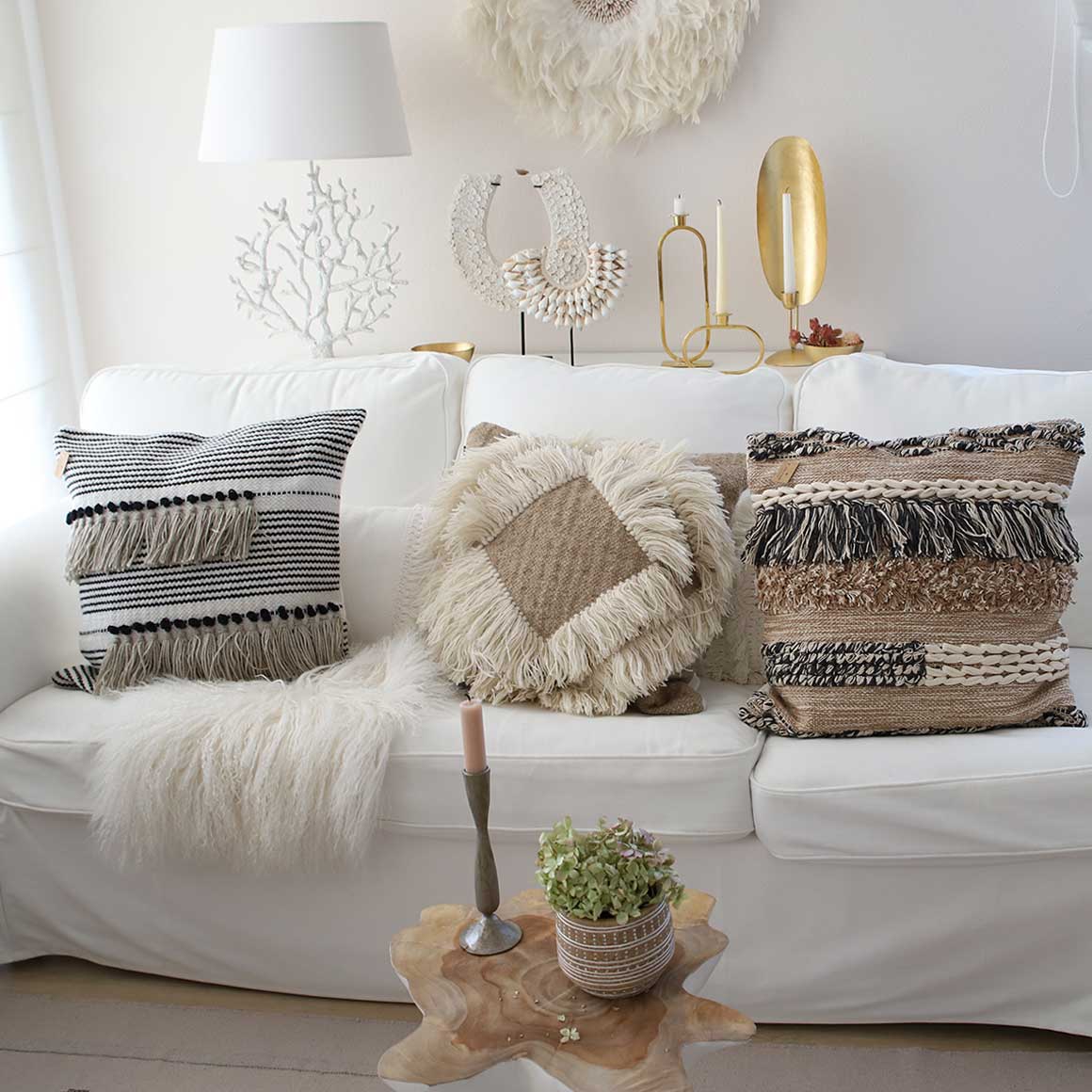 Kissenbezug Mauritius mit Fransen ♥ Boho Kissenbezug ☮️ Boho Kissen Beige für das Boho Wohnzimmer | Sofa Kissen 50x50 ♥ Kissen kaufen im Soulbirdee Shop