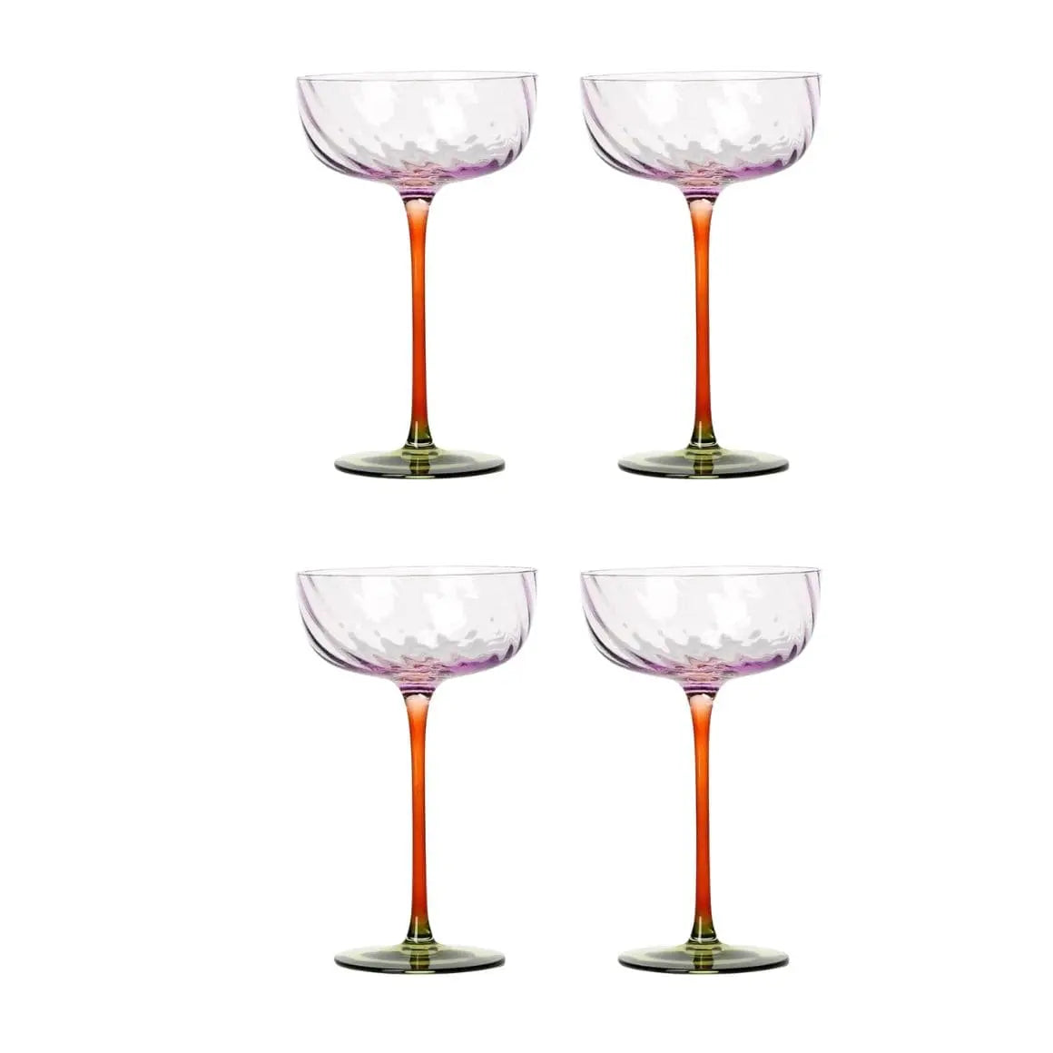 4er Set Champagnerkelch Trio-Tone Coupe farbiges Glas Bernstein Orange Violett