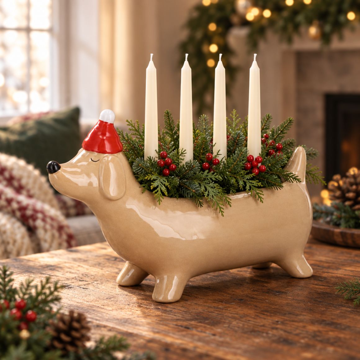 außergewöhnlicher Adventskranz Dackel für 4 Kerzen und winterliche Zweige als Wohnzimmerdeko in der Adventszeit