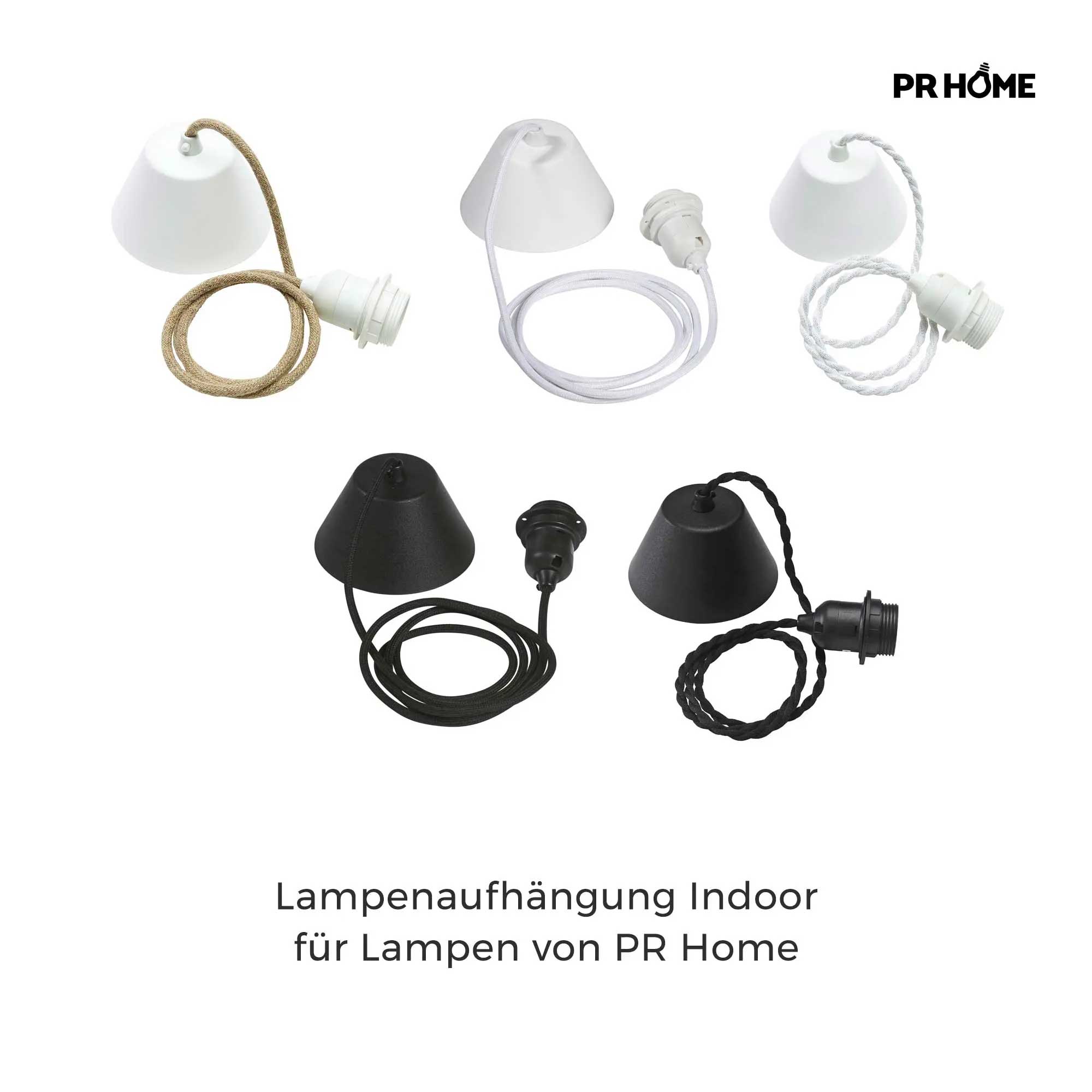 Deckenaufhängung für PRHOME Lampenschirme im Innenraum. Lampenaufhängung, Elektrik für PR-Home Lampen, Elektrik in Schwarz und weiss