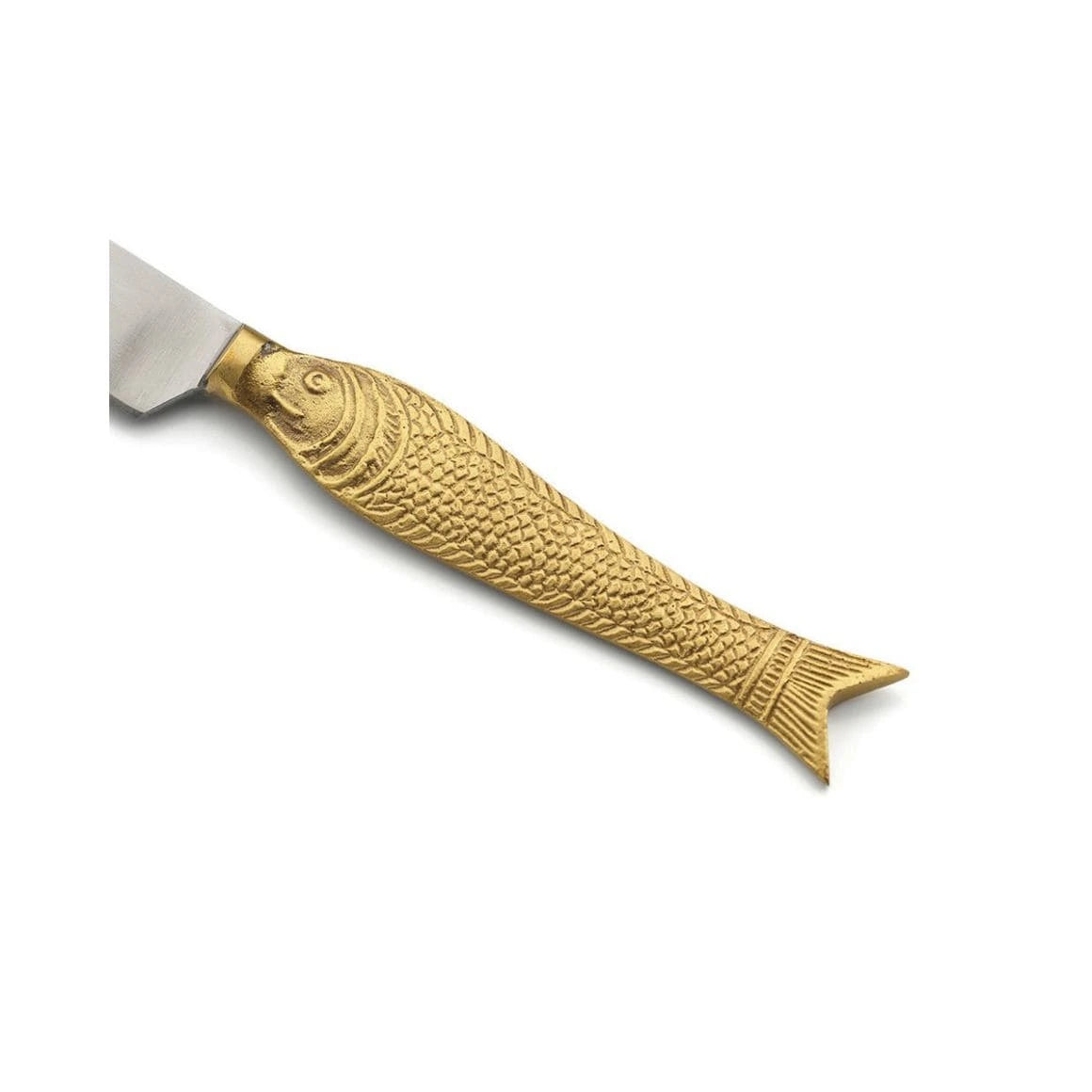 Detailaufnahme eines goldenen Fischgriffs aus Messing am Mare Gold Designbesteck
