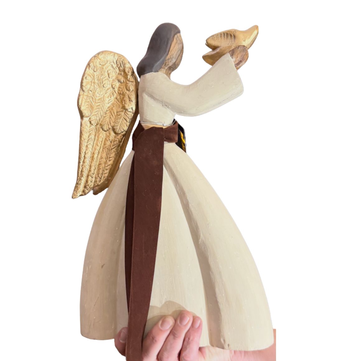 Engel Figur LIA goldene Flügel matte Farben Holz handbemalt moderner abstrakter Landhausstil