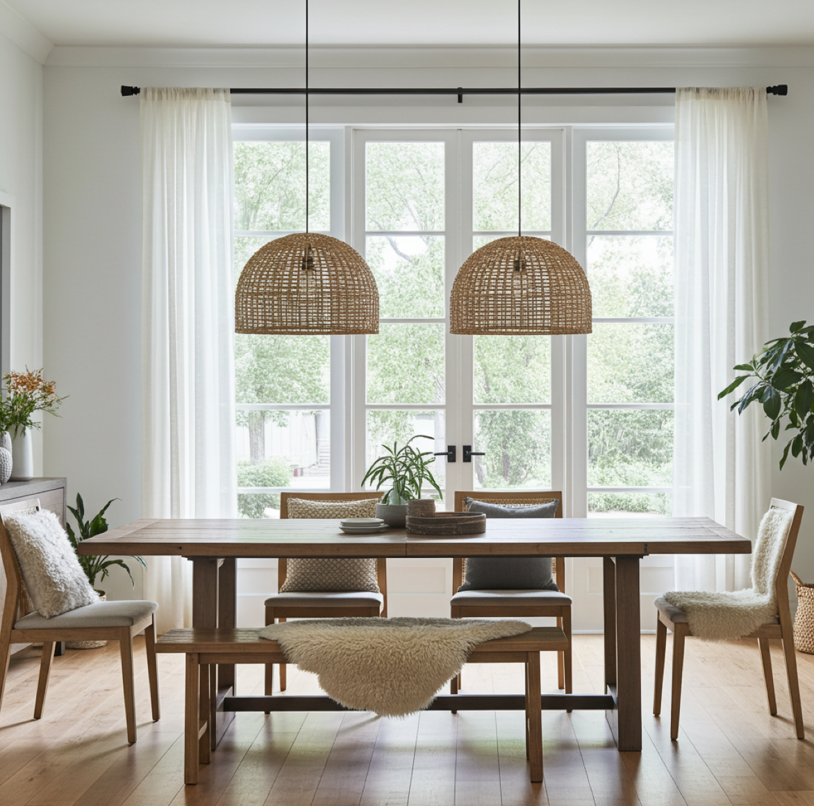 2 Esstischlampen rund Glocke-form aus Naturmaterial geflochten über einem Esstisch im Esszimmer im skandinavischen modernen Stil