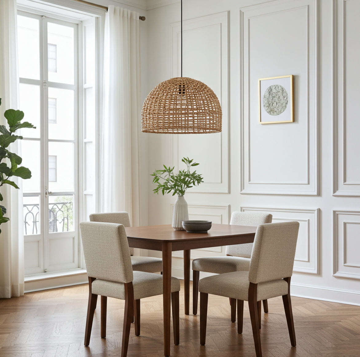 geflochtene Esstischlampe aus Rattan Natur-Material für runden Esstisch, Marke Prhome CEBU bei Soulbirdee