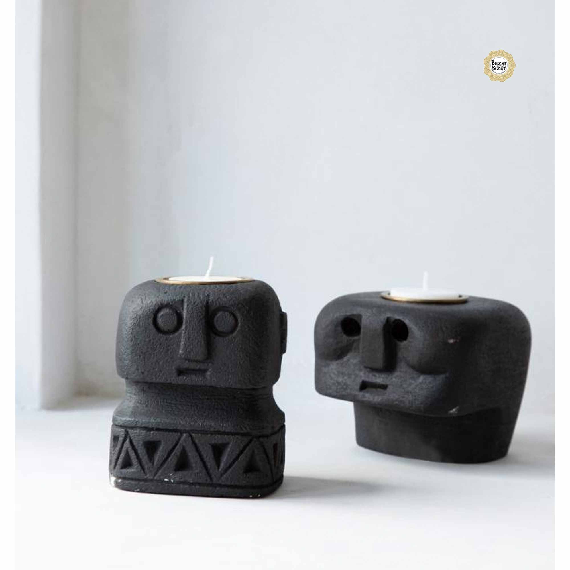 Kerzenhalter Kerzenständer gesicht schwarz stein tischdeko Sumba Kerzendeko #26 Gesicht Statue von Bazar Bizar ♥ Ethno Deko Figur aus Indonesien ♥ Boho Style Deko Soulbirdee Onlineshop