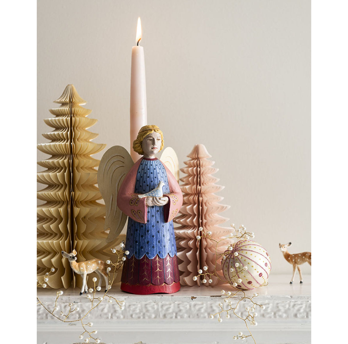 Engel Kerzenhalter mit Friedenstaube Bungalow DK Weihnachtsdeko Figur handbemalt
