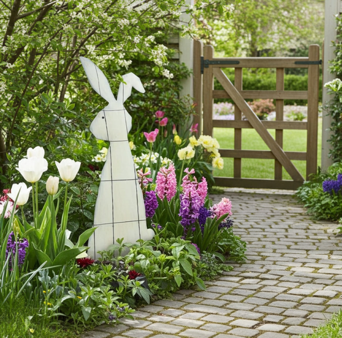 Hase als Garten Deko für Frühling und Ostern im Landhaus Stil