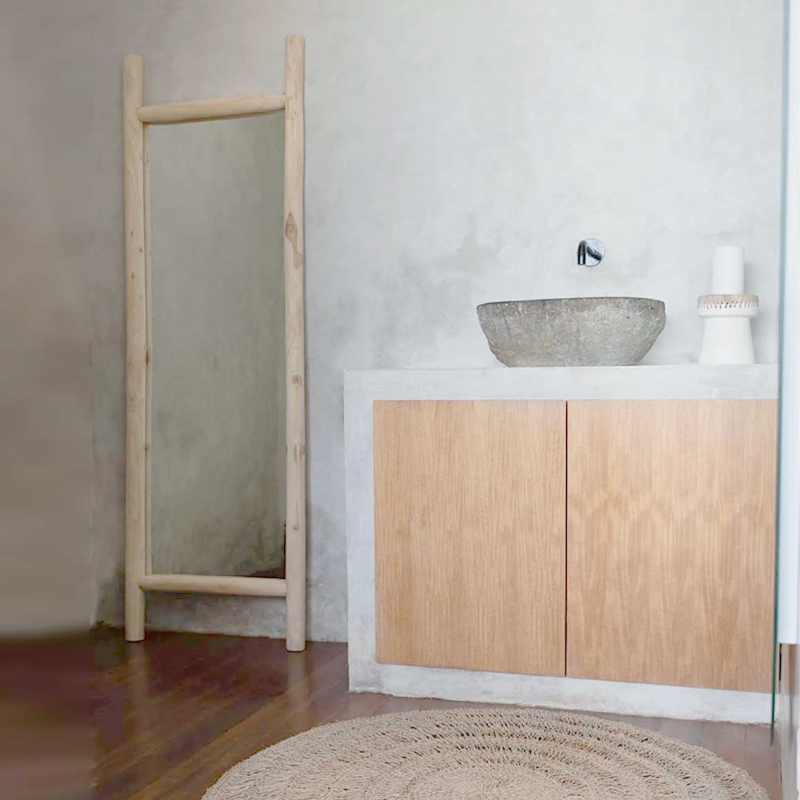Großer Spiegel Wandspiegel Boho organisch Teak Bali Badezimmer Standspiegel Holz eckig Soulbirdee Onlineshop
