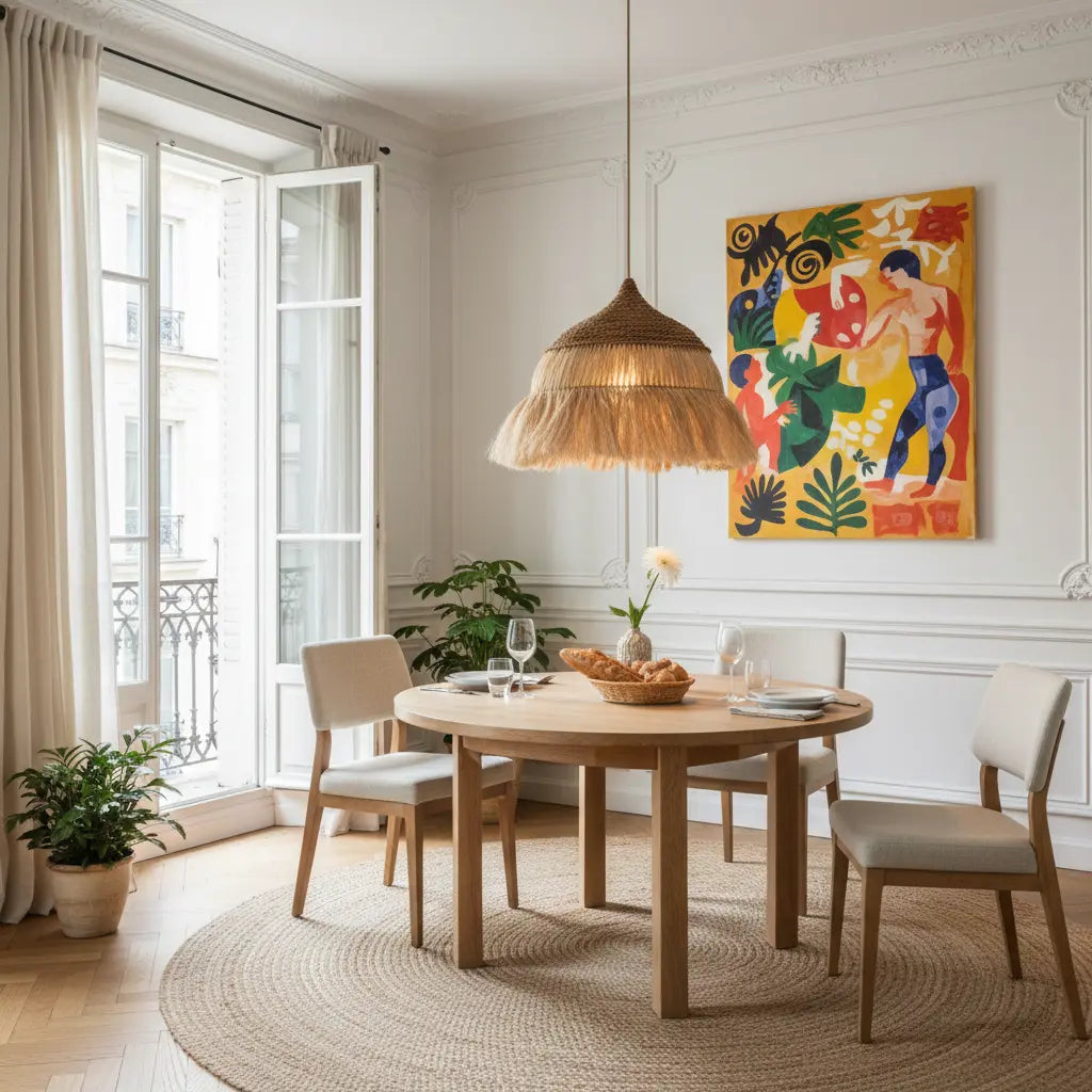 Boho Lampe aus Rattan mit weichen Fransen und natürlicher Struktur