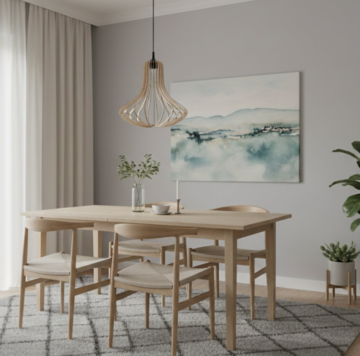 Hängende Esstischlampe aus Holz im modernen skandinavischen Stil im Esszimmer über einem Tisch für 4 Personen hängend 
