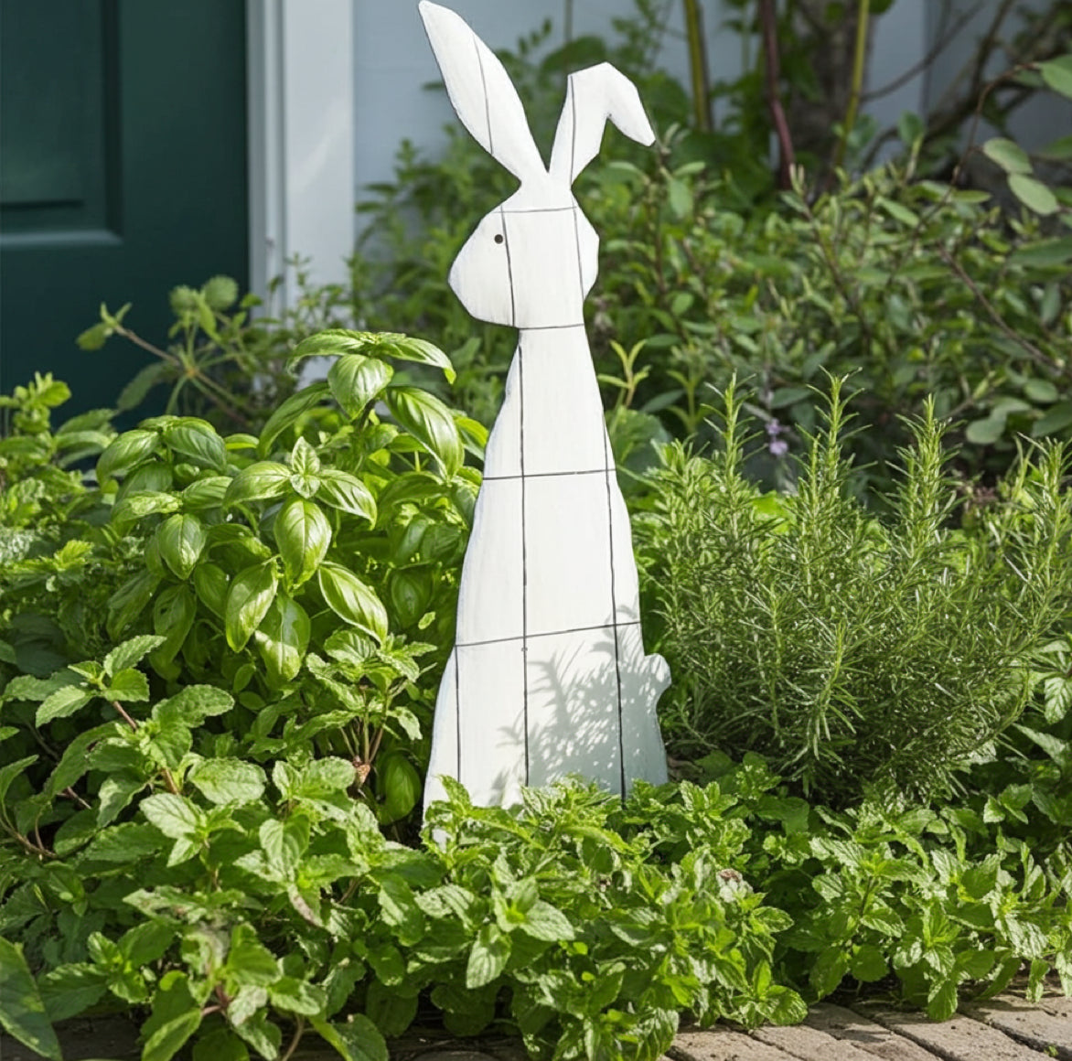 Handbemalter Gartenstecker Hase aus Metall mit Karomuster-Hemd im Landhaus-Look von Baden