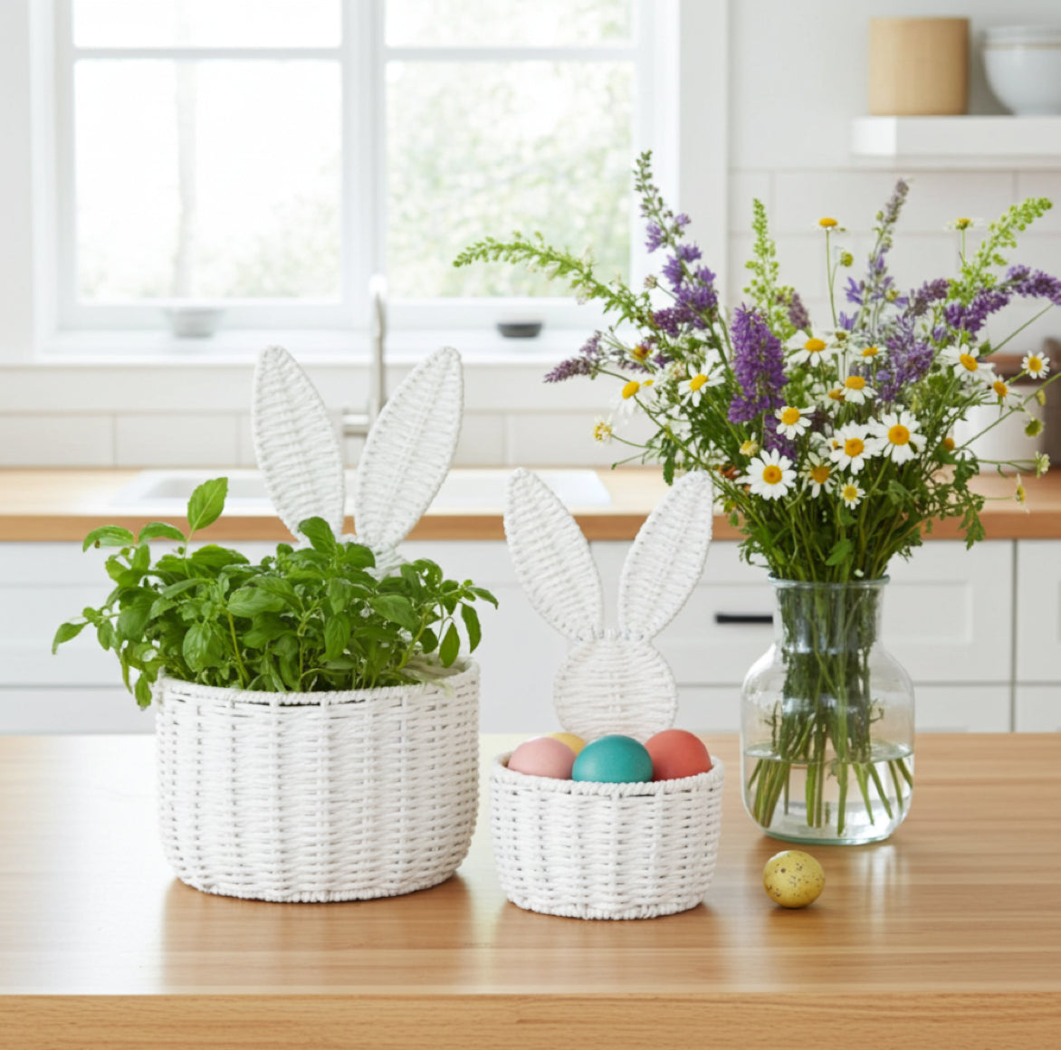 Kleiner und großer weißer Korb mit Hasenohren als Osternest Osterdeko und Blumentopf dekoriert