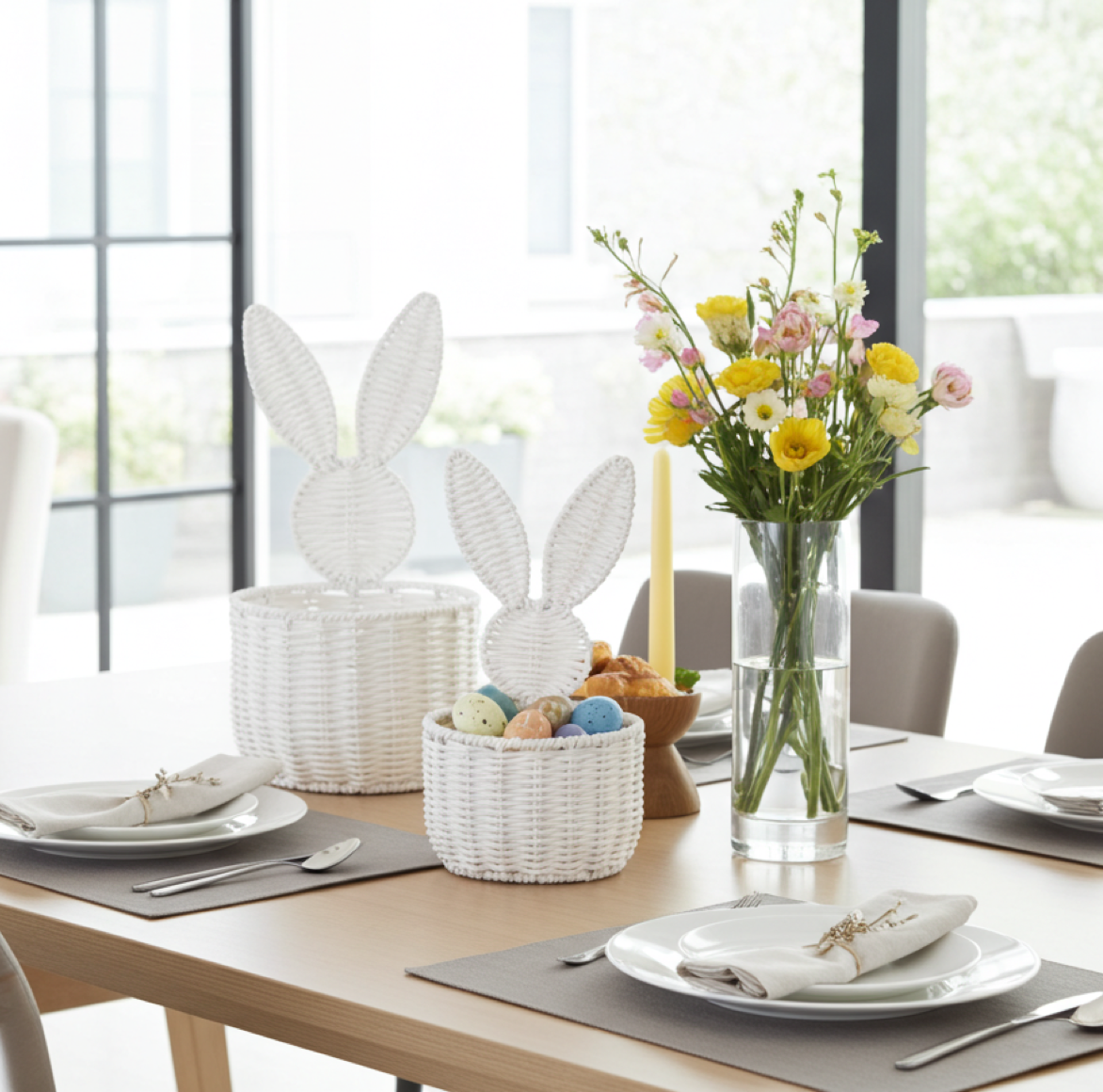 Oster dek okorb hasen-form weiss als osternest in der tischdeko dekoriert für das Frühstück
